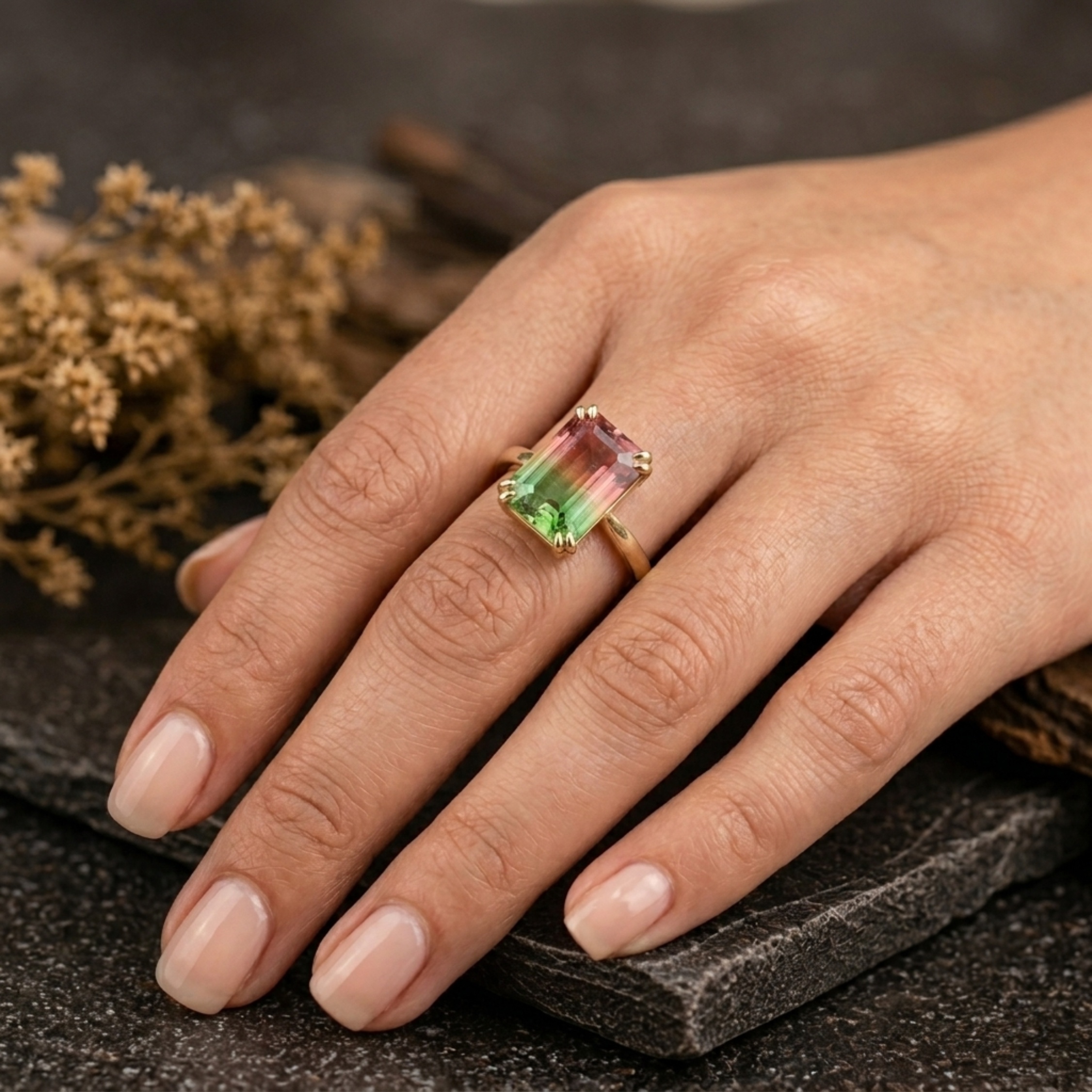 Emerald Cut Watermelon Tourmaline Ring, Bi-Color Pink/Green Engagement Ring, Art Deco Minimalist Wedding Ring Anniversary Birthday Gift Ring