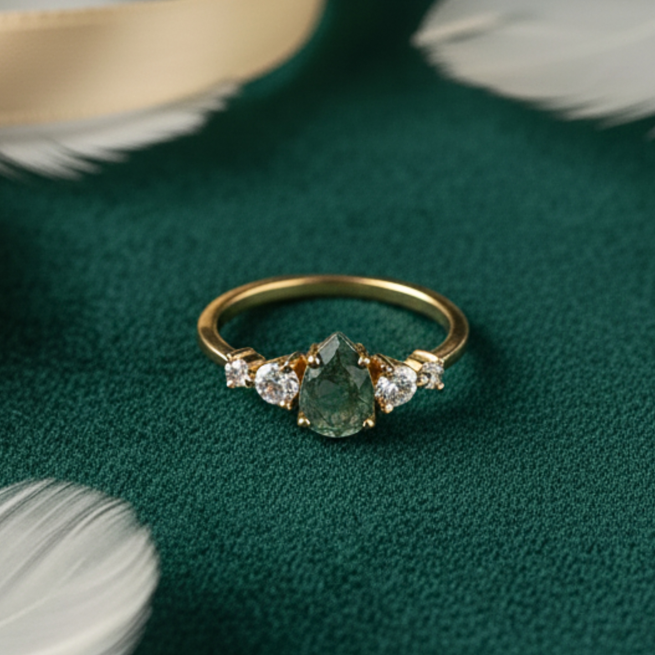 Moss Agate Engagement Ring Pear Cut Vintage Solid Gold Agate Ring Unique Cluster Green Stone Moissanite Wedding Ring Bridal Ring Anniversary