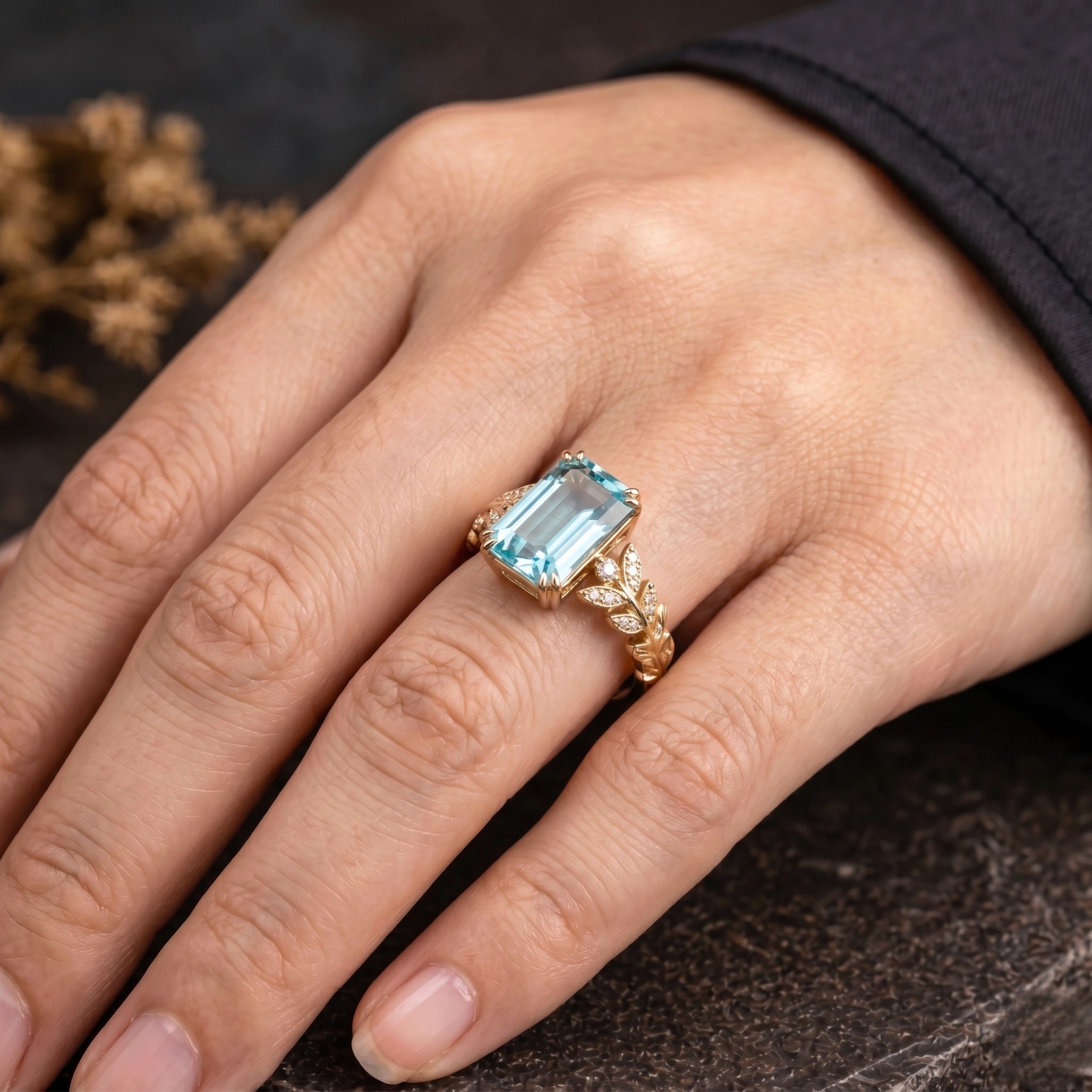 Emerald Cut Leaf Aquamarine Engagement Ring, Olive Branch Floral Thick Marriage Ring, Bridal Nature Inspired Leafy Ring For Women Vine Ring