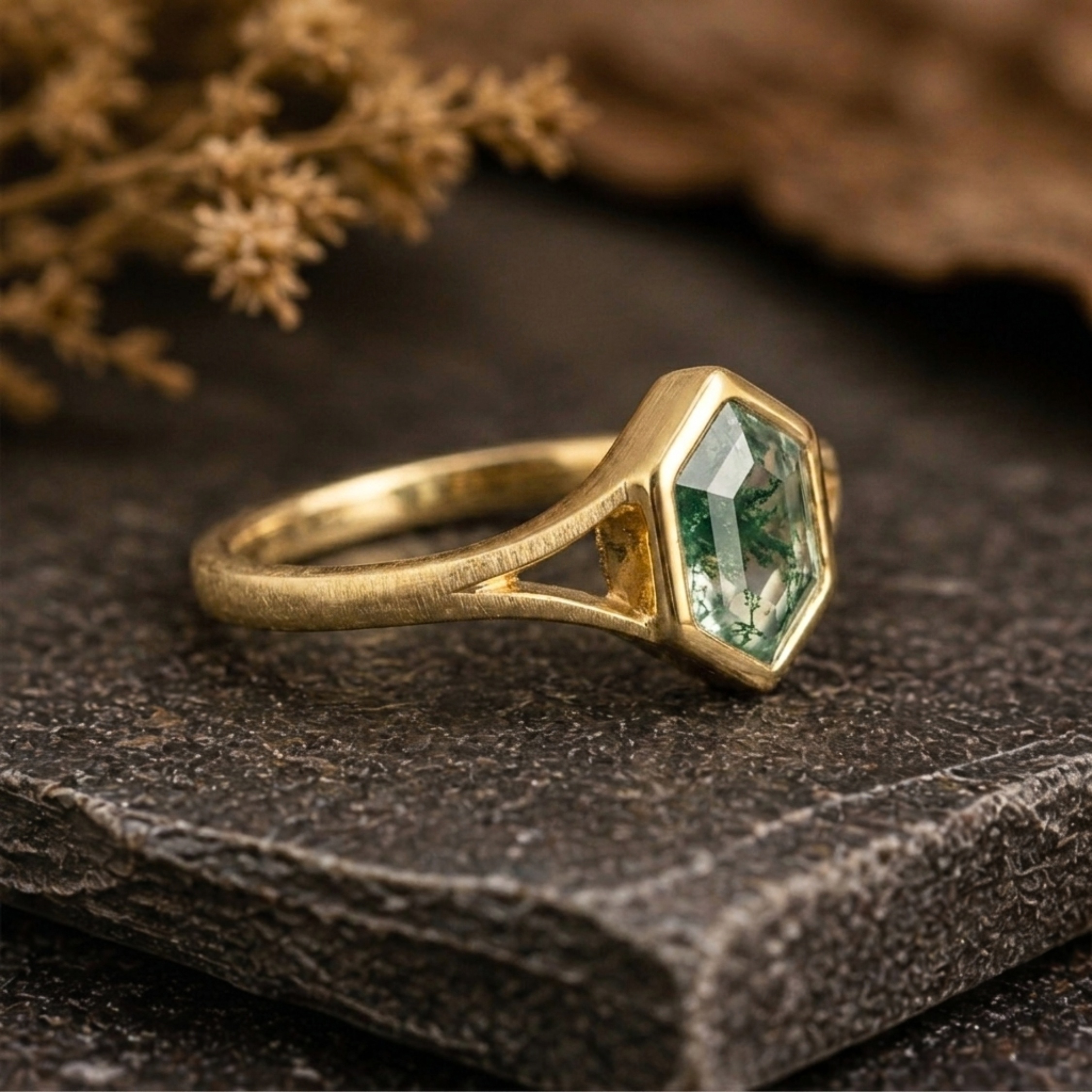 Vintage Art Deco Bezel Setting Moss Agate Ring, 14k Yellow Gold Promise Ring, Hexagon Cut Green Agate Engagement Ring, Promise Bridal Gift