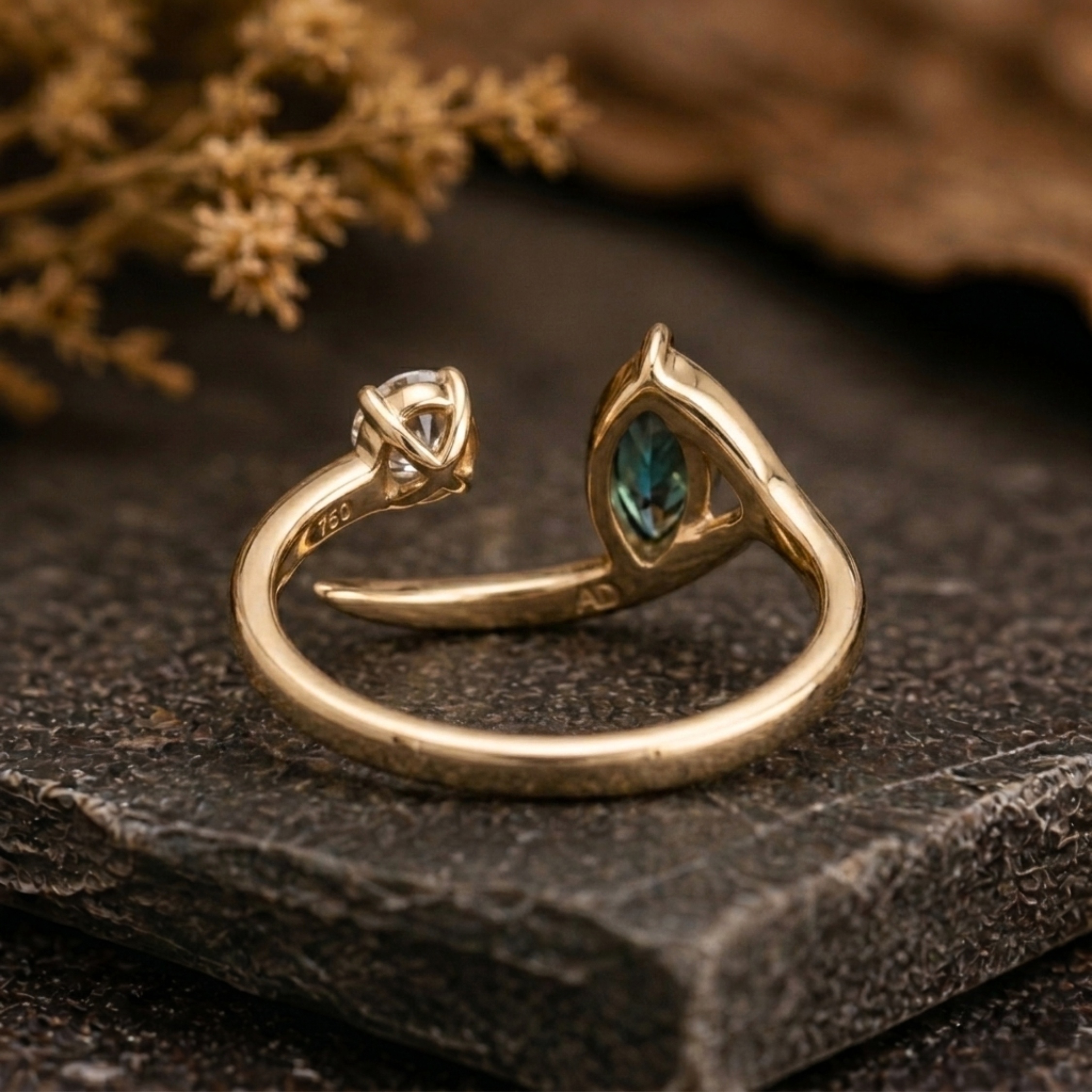 Unique Toi Et Moi Custom Two Stone Ring, Teal Sapphire Moissanite Curve Band, Dual Birthstone Minimalist Ring, Anniversary Birthday Gift