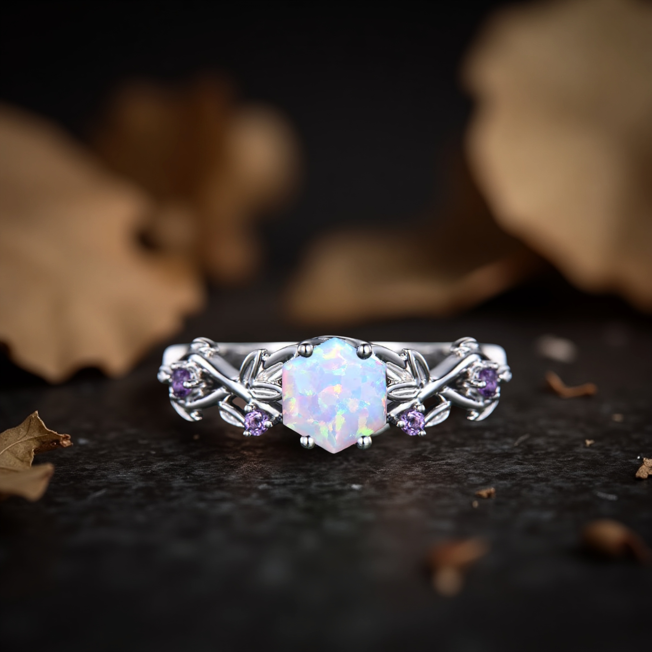 Vintage Hexagon Cut Twig Opal Engagement Ring, White Opal Gold Leaf Amethyst Ring, October Birthstone Ring, Anniversary Gift For Women