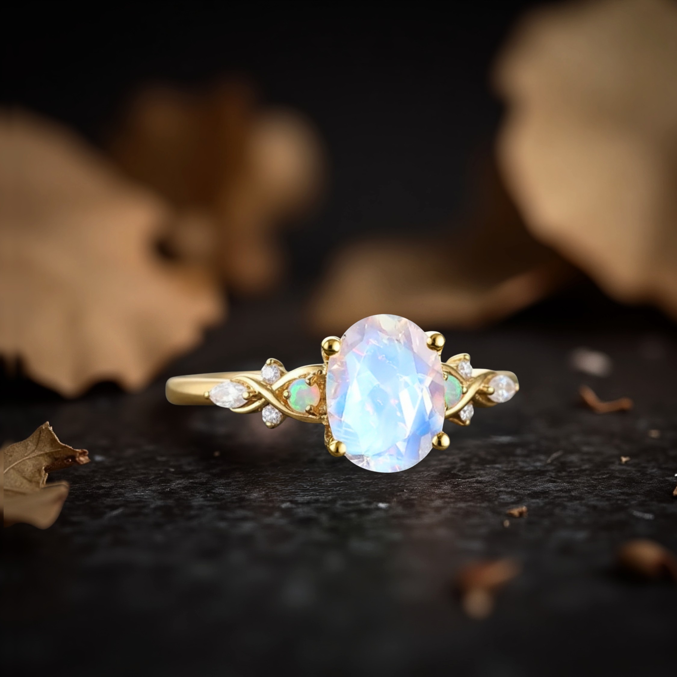 Moonstone Engagement Ring, 14K Yellow Gold Wedding Ring, Vintage Bridal Jewelry, Promise Bridal Jewelry, Anniversary Gift For Women
