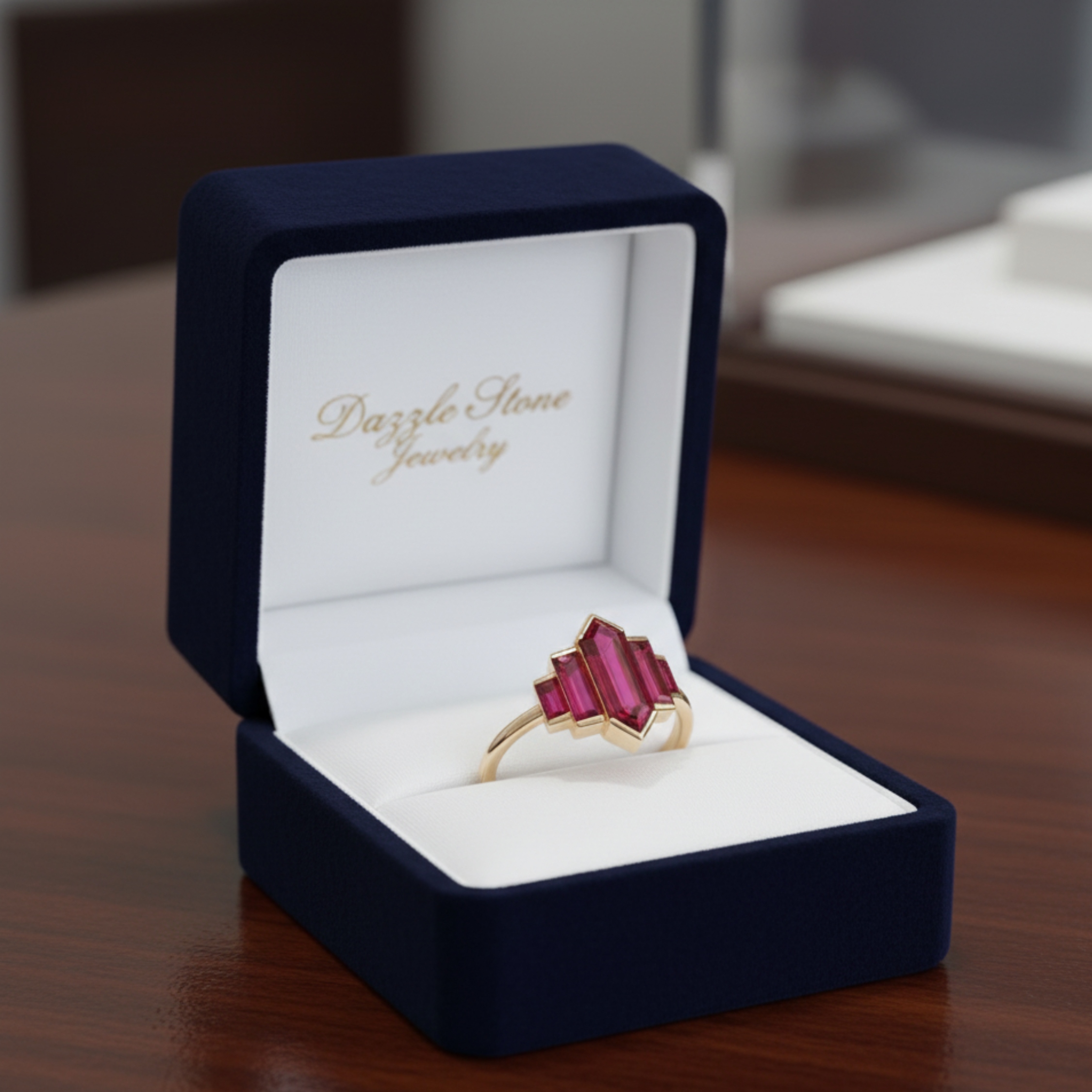 Unique Long Hexagon Ruby Ring, Vintage 14k Yellow Gold Bezel Set Art Deco Red Ruby Bridal Promise Wedding Ring Unique Christmas Gift For Her