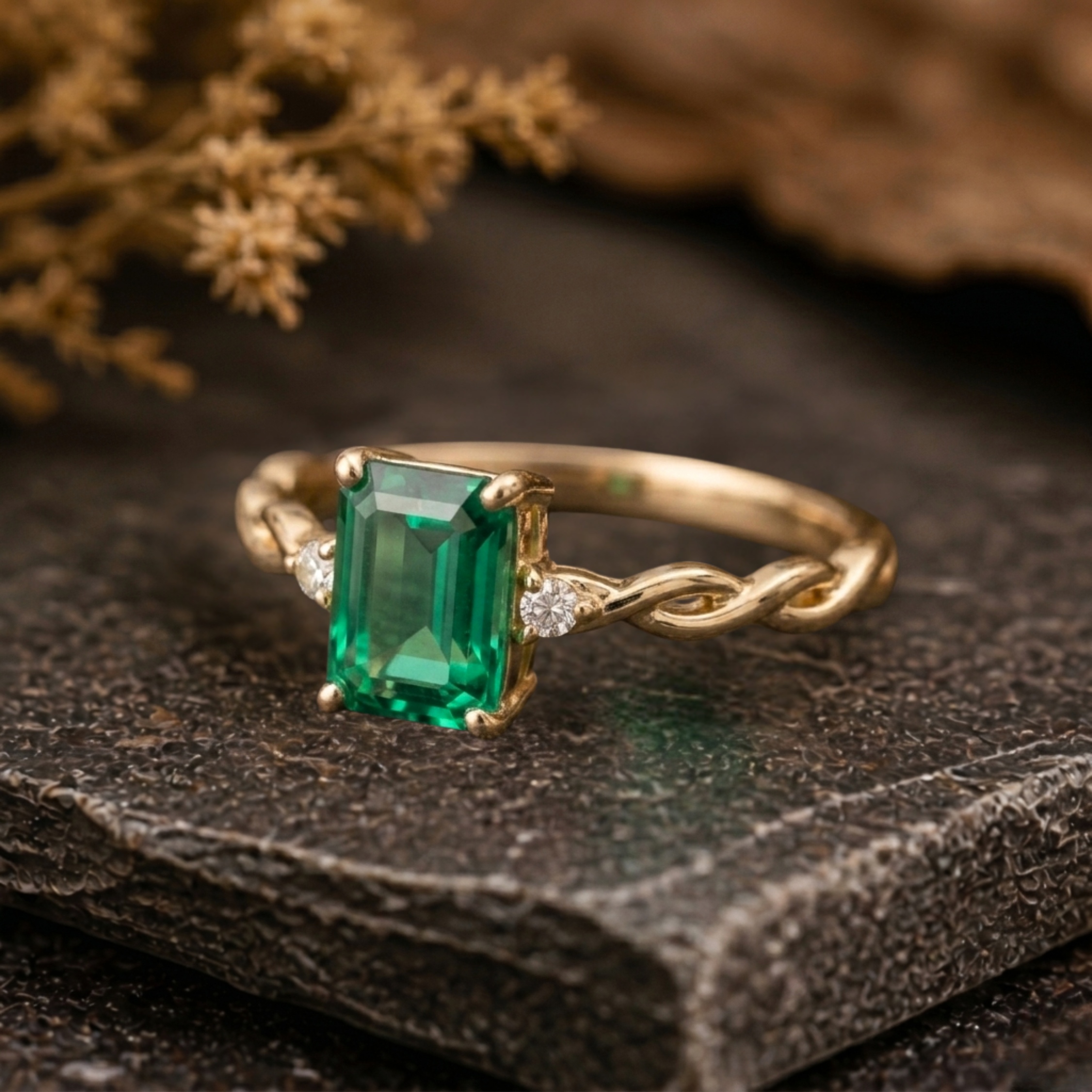 Vintage Emerald Cut Emerald Engagement Ring, 14k Twisted Band Moissanite Bridal Wedding Promise Ring, May Birthstone Ring, Anniversary Gift