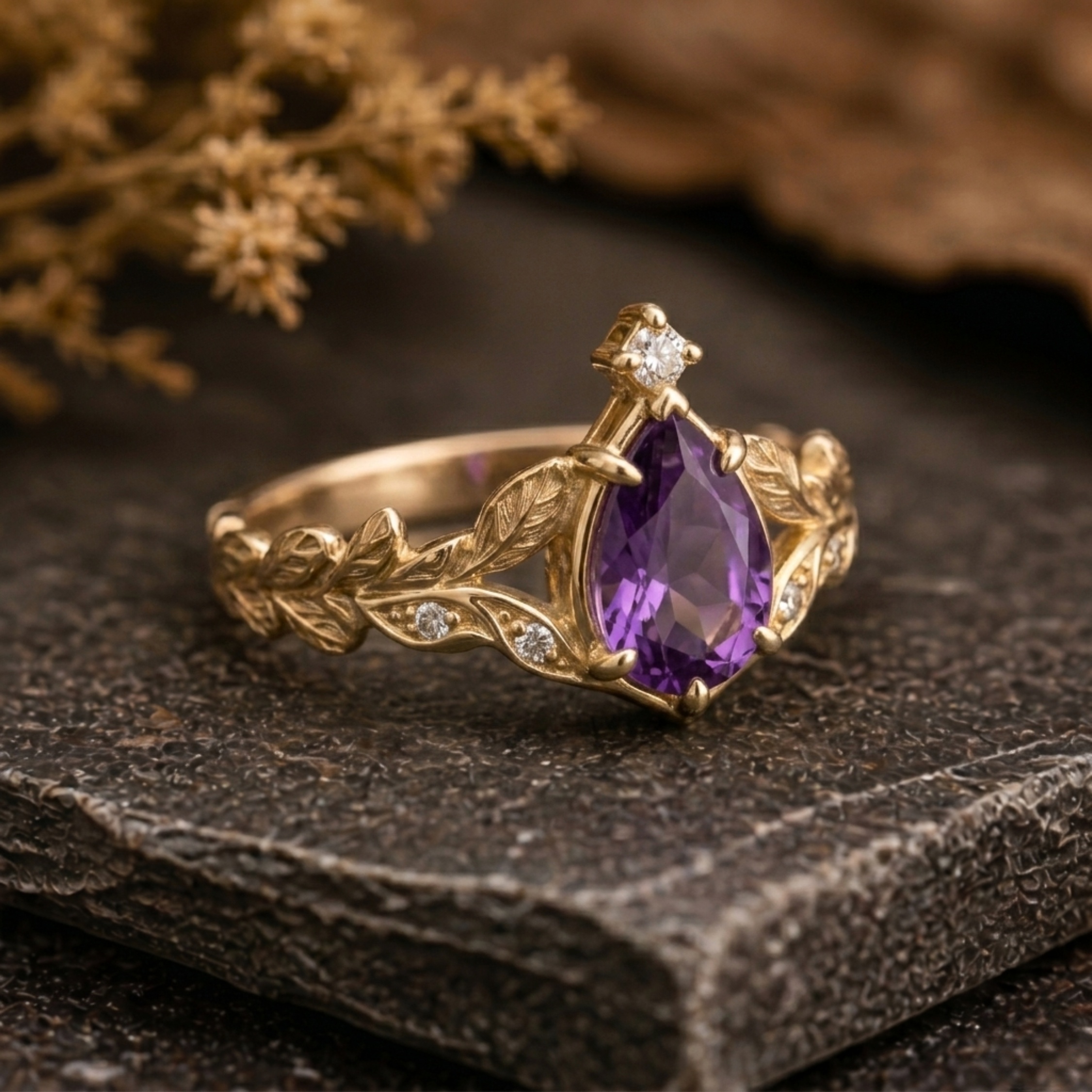 Vintage Amethyst Leaf Engagement Ring/Dainty Nature Inspired Branch Amethyst Moissanite Promise Ring/Purple Stone Wedding Jewelry For Her