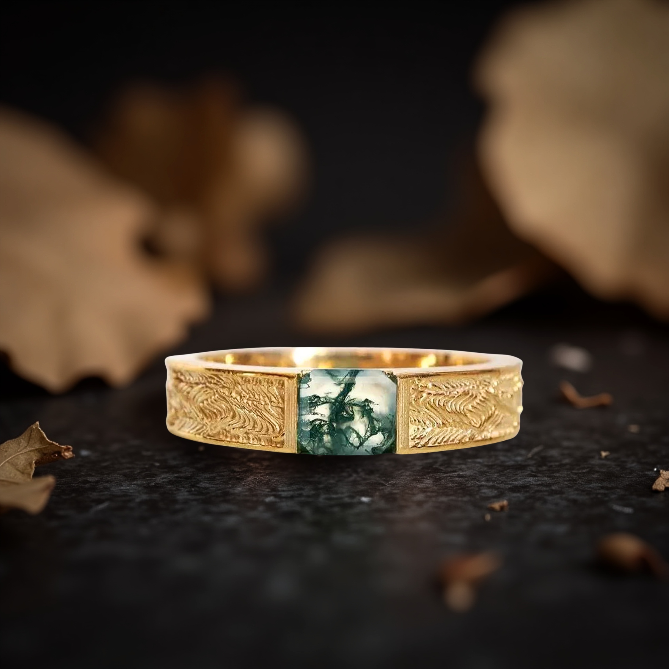 Handmade Emerald Cut Moss Agate Wedding Band, 14k Solid Gold Nature Inspired Leaf Design Ring