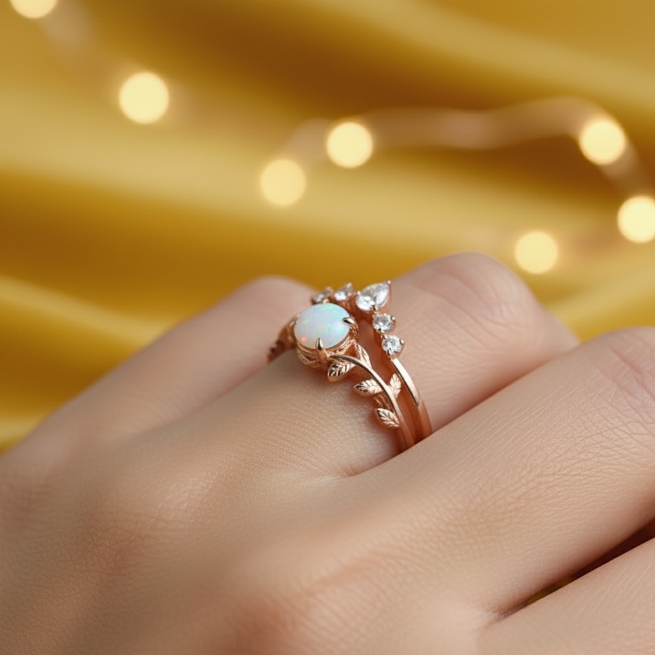 Vintage Opal Engagement Ring, 14K Rose Gold Round Opal Wedding Ring Set, Unique White Opal Promise Ring October Birthstone Ring Gift For Her