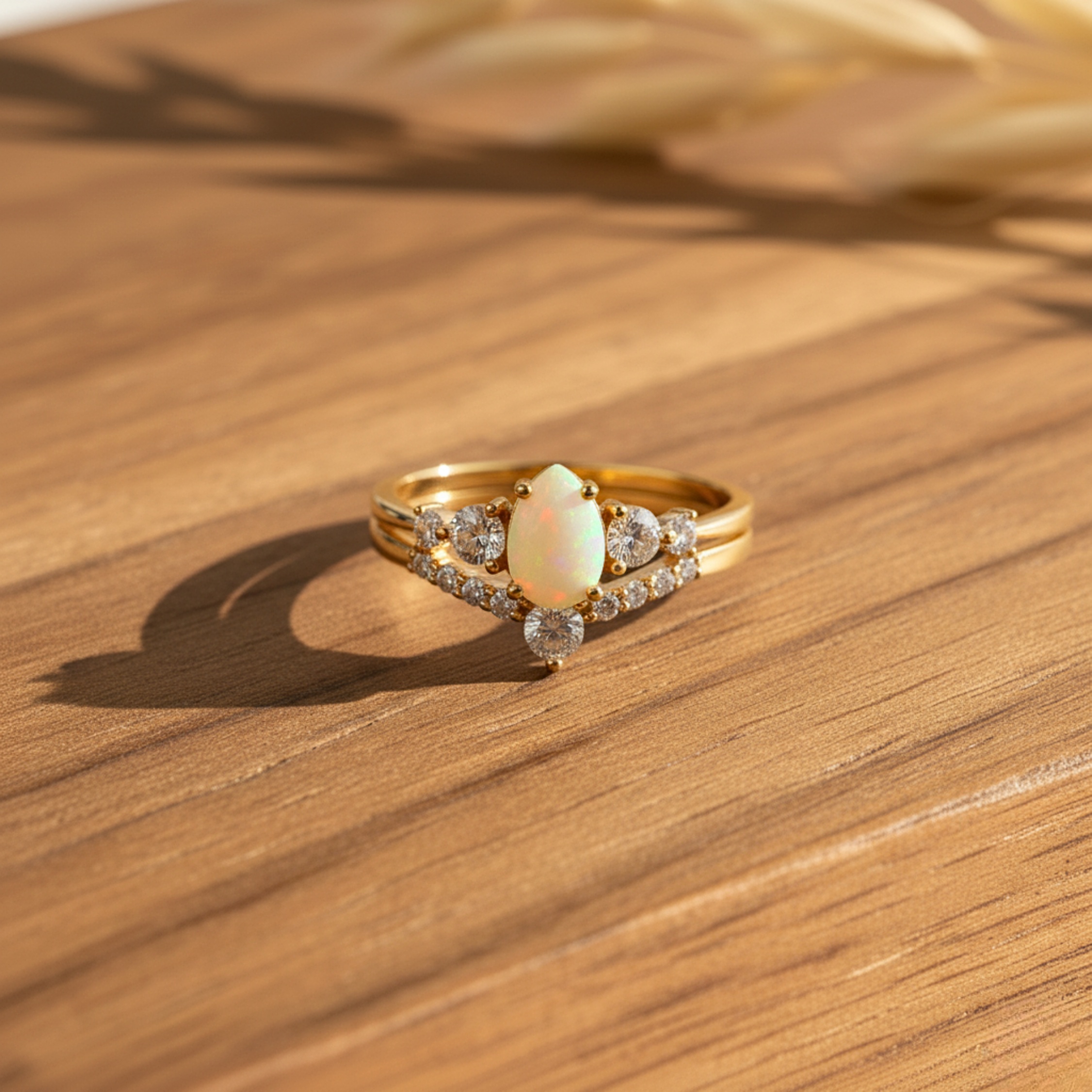 Natural Pear Cut Opal Engagement Ring Set 14K Gold Vermeil Wedding Bridal Ring October Birthstone Ring Alternative Engagement Gift For Women