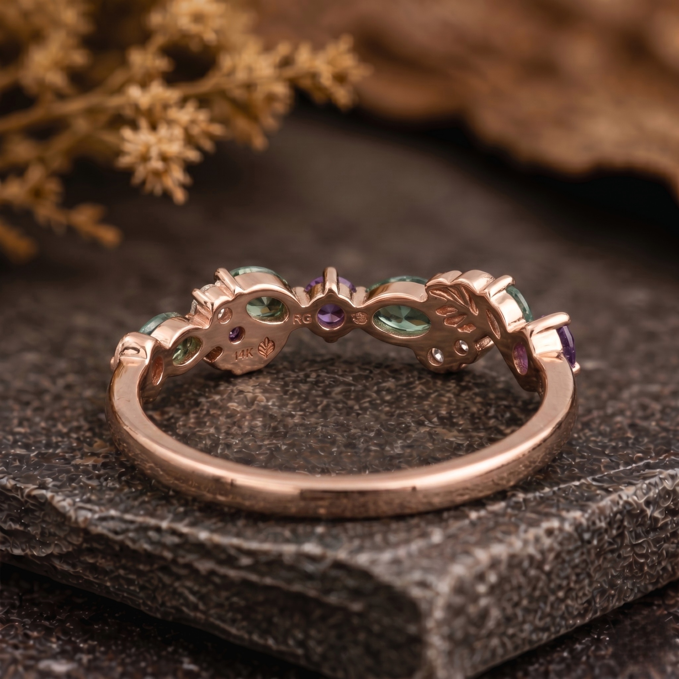 Marquise Emerald Wedding band, 14K Gold 3 Stone Alexandrite Moissanite Engagement Band, Dainty Leaf Promise ring, Anniversary Birthday Gifts