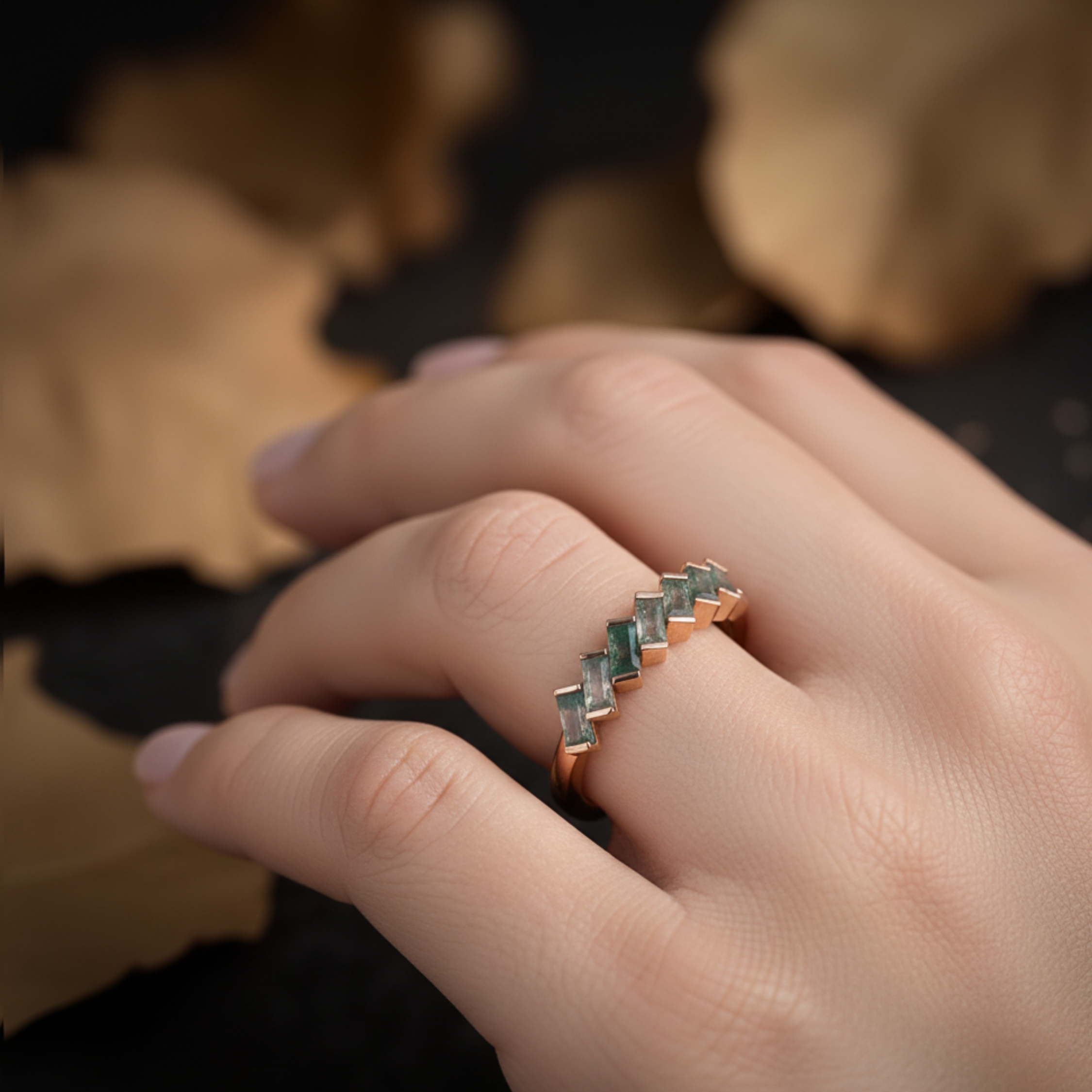 Vintage Baguette Cut Moss Agate Wedding Band Unique Rose Gold Engagement Ring Minimalist Half Eternity Bridal Matching Promise Band For Her