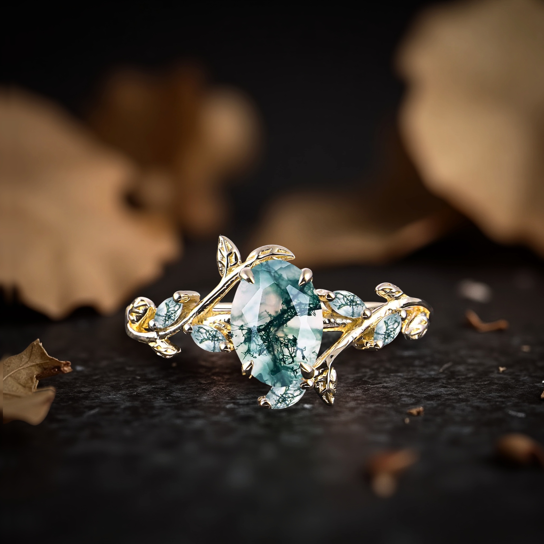 Natural Oval Moss Agate Engagement Ring, 14k Yellow Gold Nature Inspired Leaf Ring, Bridal Jewelry, Anniversary Gift For Women