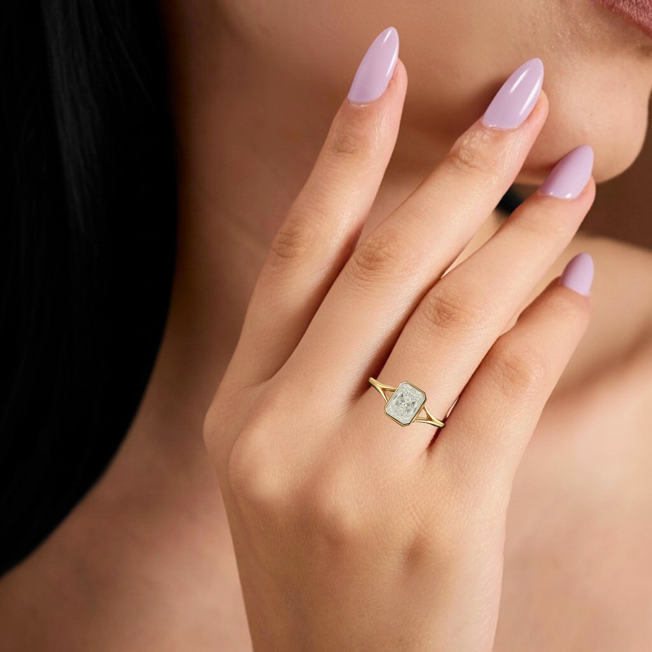 Emerald Cut Moissanite Engagement Ring, 14K Solid Gold Minimalist Bezel Set Bridal Jewelry, Modern Classic Wedding Jewelry Gift For Her