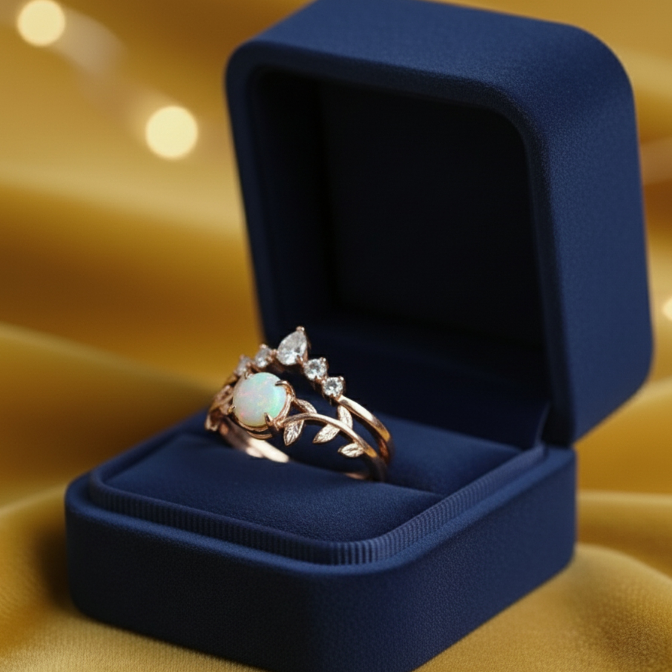 Vintage Opal Engagement Ring, 14K Rose Gold Round Opal Wedding Ring Set, Unique White Opal Promise Ring October Birthstone Ring Gift For Her