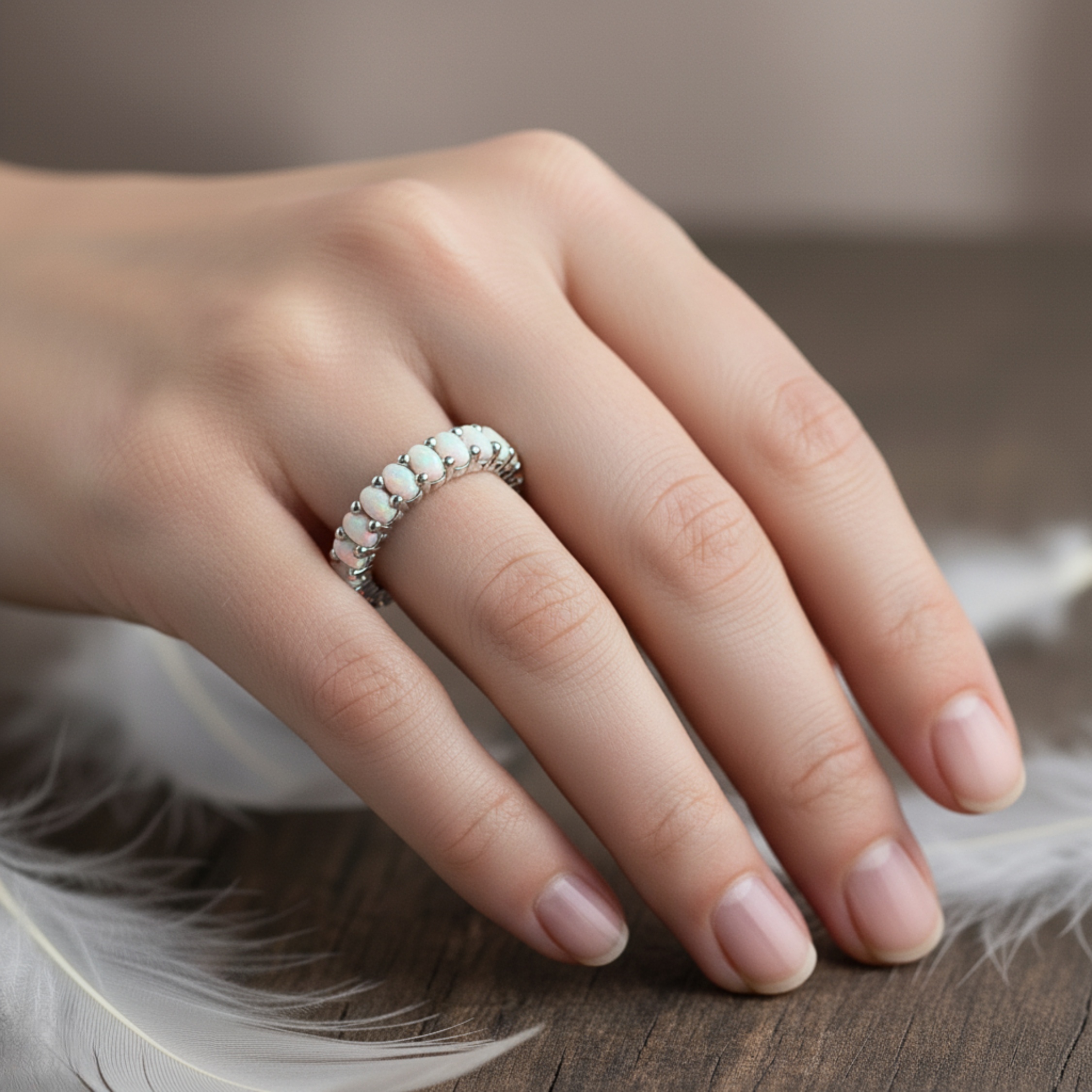 Opal Eternity Ring, Dainty Opal Gold Ring, Silver Opal Minimalist Ring, White Opal Stacking Ring, Gift For Her, Anniversary Gift For Women