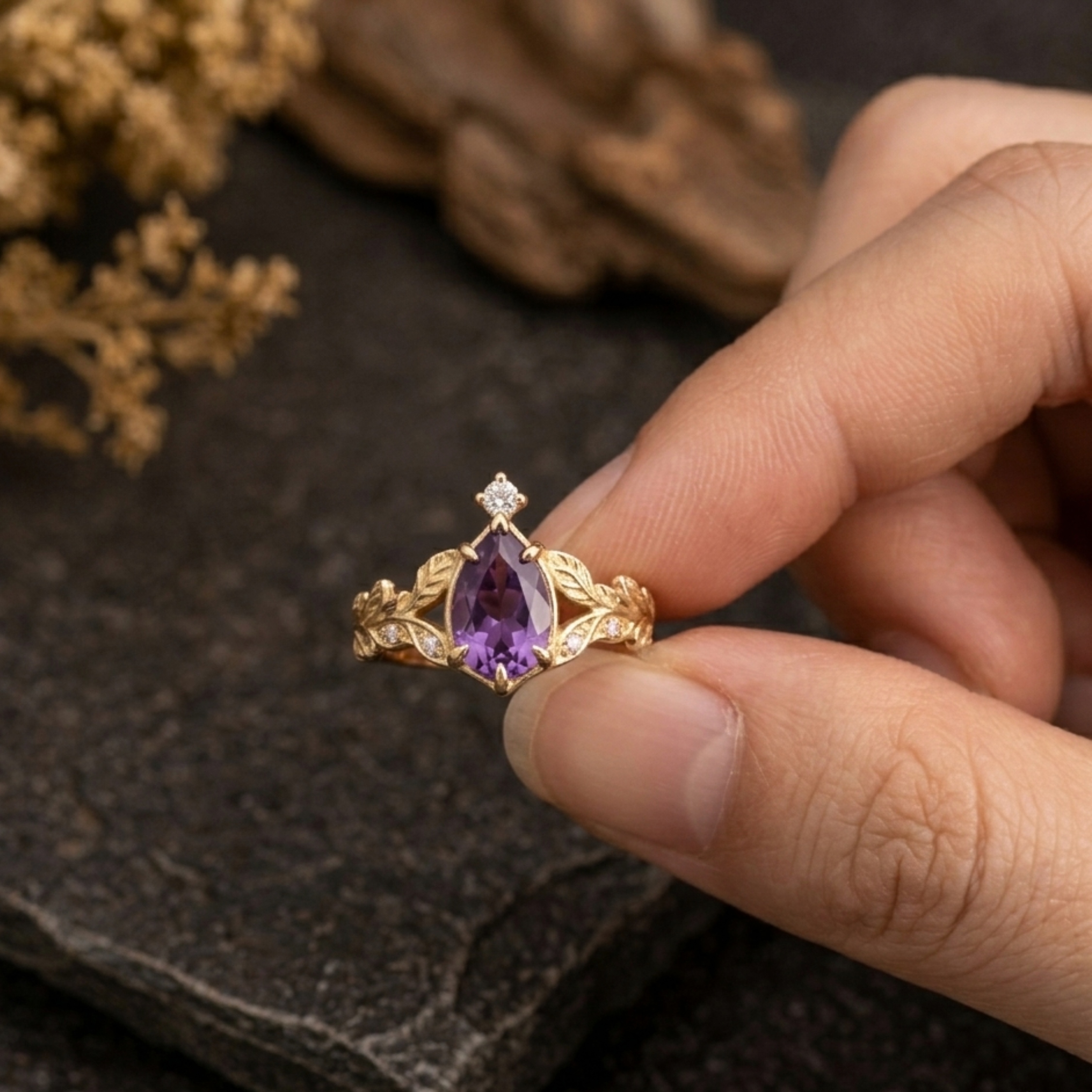 Vintage Amethyst Leaf Engagement Ring/Dainty Nature Inspired Branch Amethyst Moissanite Promise Ring/Purple Stone Wedding Jewelry For Her