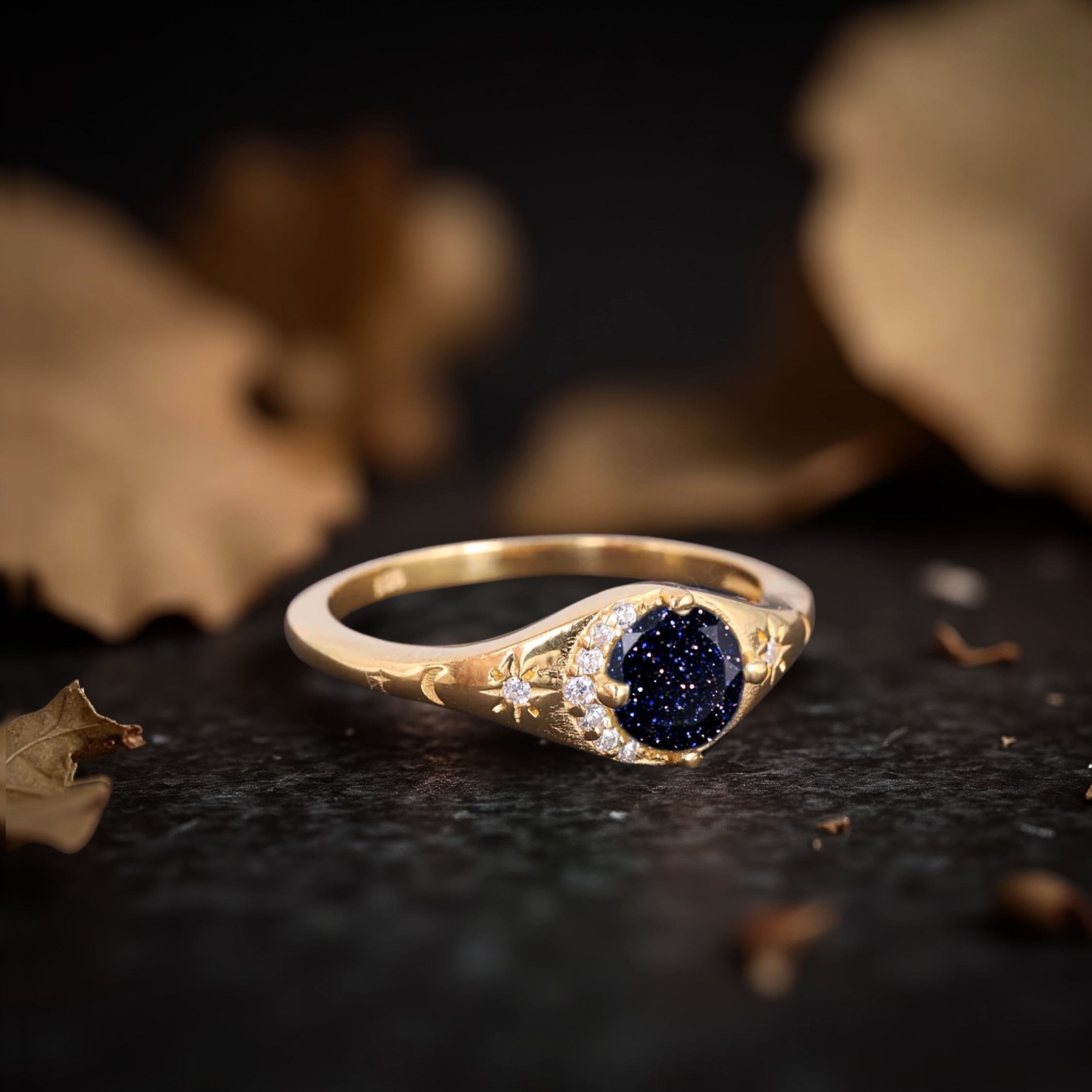 Blue Sandstone Diamond Ring, Moon Crescent Wedding Ring, Moissanite Moon And Star Ring, Minimalist Summer jewelry Gift Ring For Women