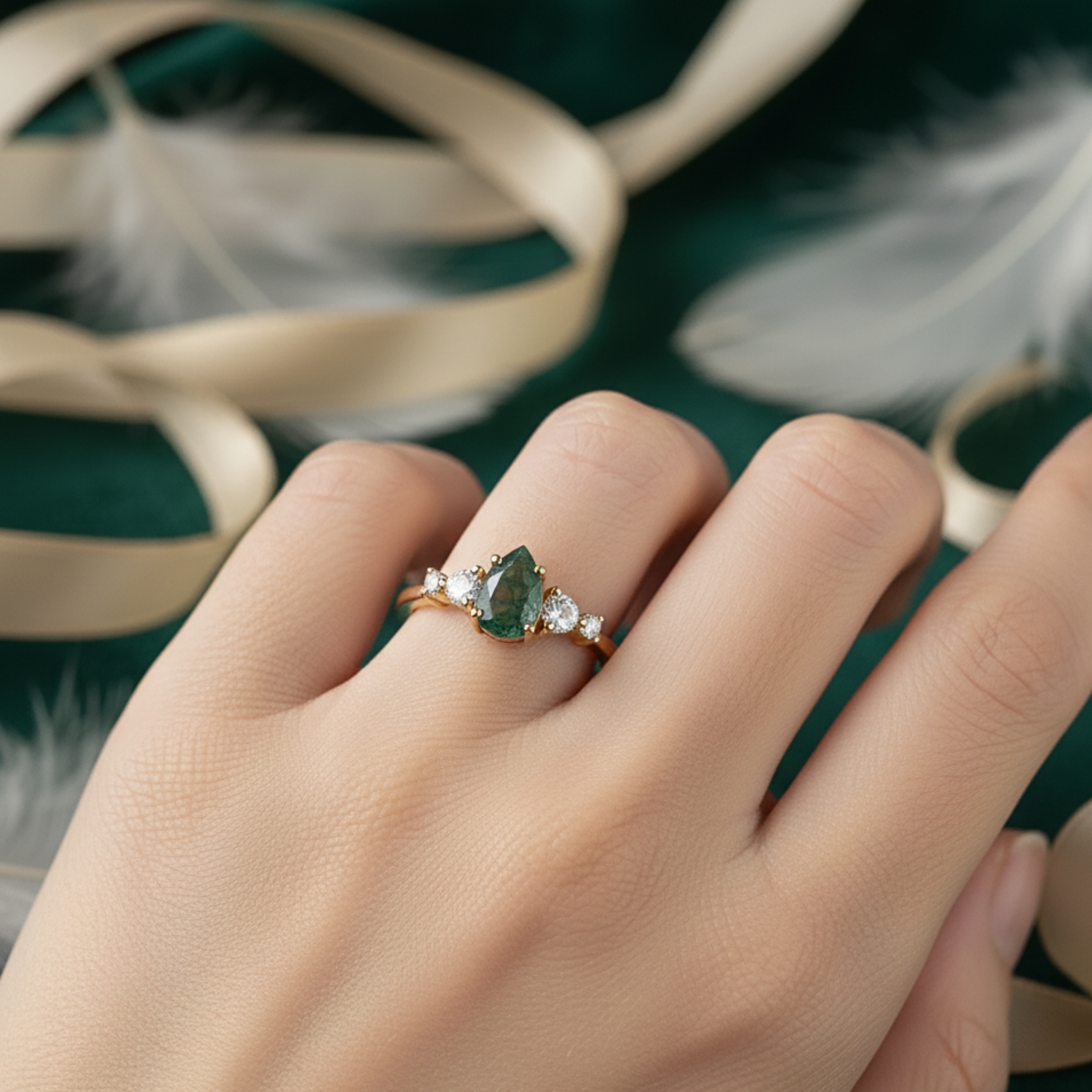 Moss Agate Engagement Ring Pear Cut Vintage Solid Gold Agate Ring Unique Cluster Green Stone Moissanite Wedding Ring Bridal Ring Anniversary