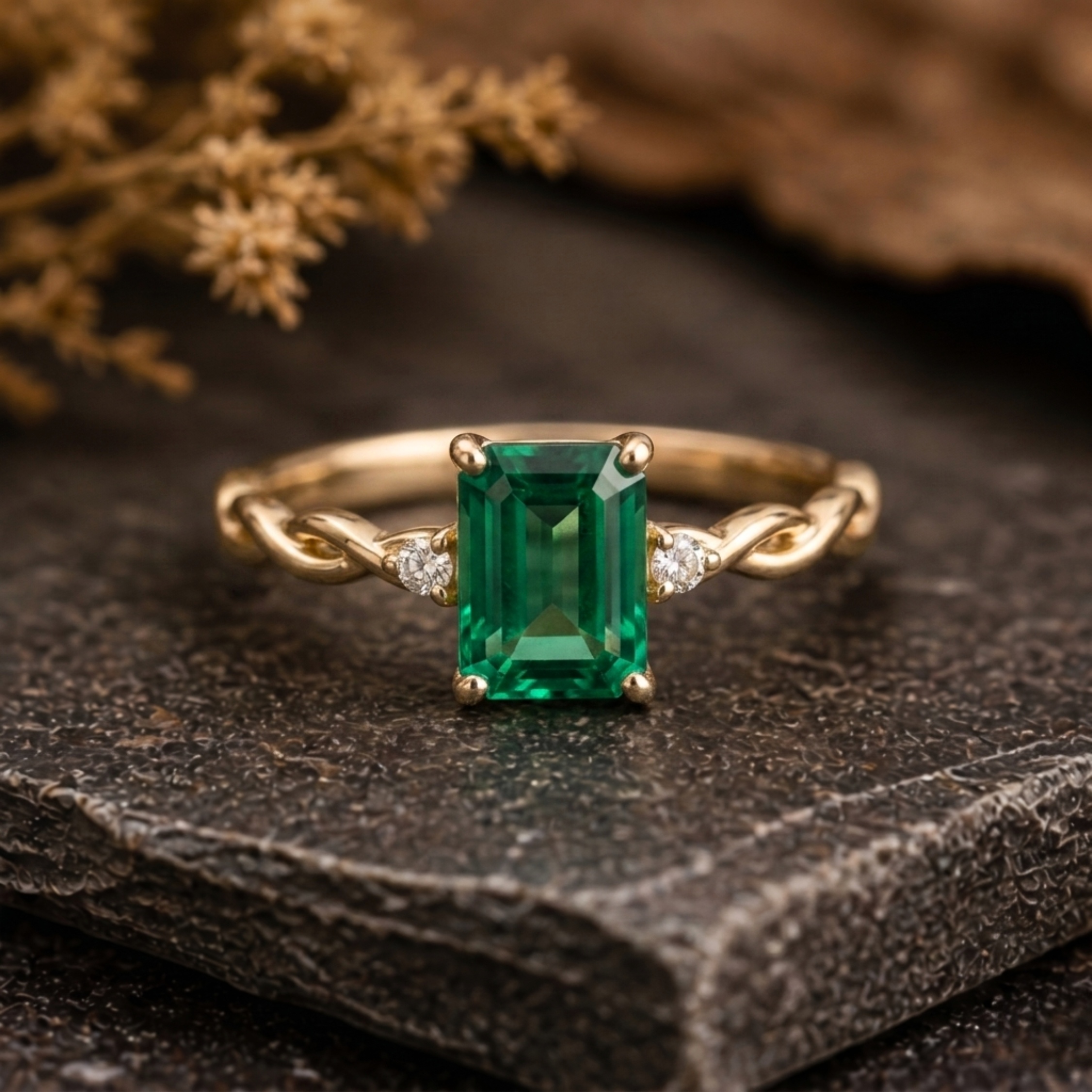 Vintage Emerald Cut Emerald Engagement Ring, 14k Twisted Band Moissanite Bridal Wedding Promise Ring, May Birthstone Ring, Anniversary Gift