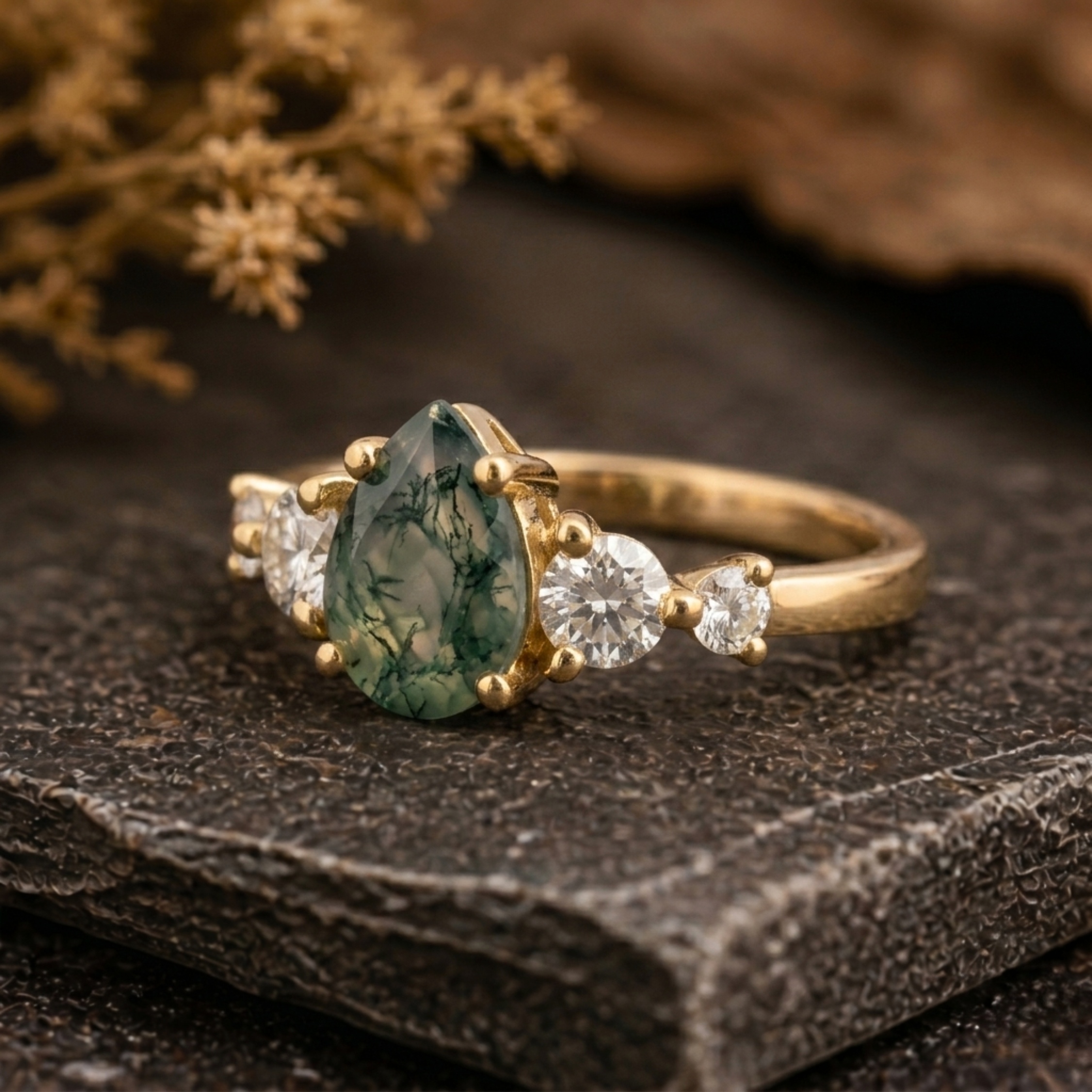 Vintage Pear Cut Moss Agate Engagement Ring, 14k Gold Moissanite Promise Wedding Bridal Jewelry, Agate Anniversary Birthday Gifts for Her