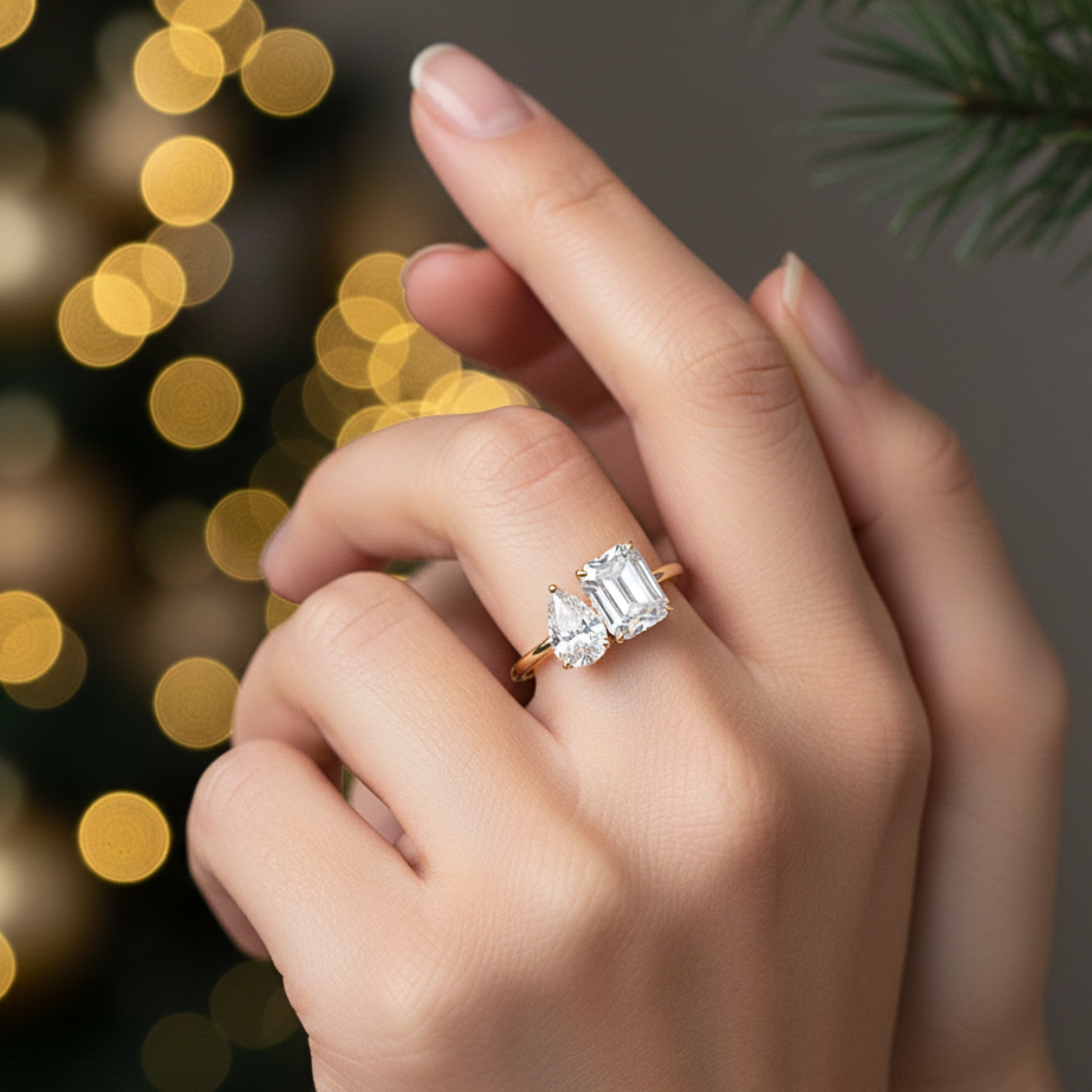 Two Stone Ring Emerald & Pear Cut Birthstone Ring, Moissanite Ring, Christmas Gift, Toi Et Moi Ring, Couples Ring Gift, Anniversary Gift