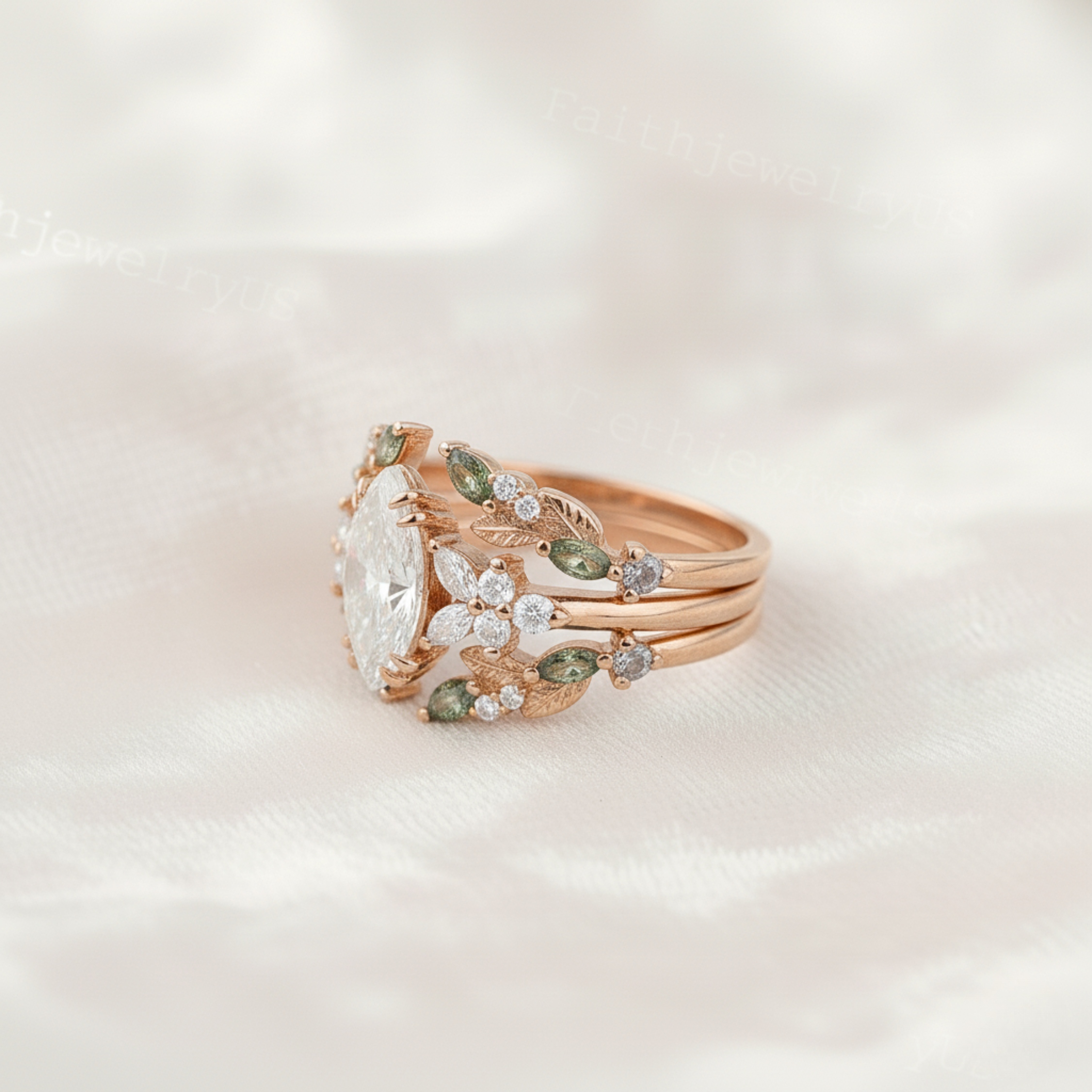 Marquise Cut Moissanite Engagement Ring Set Vintage Unique Rose Gold Open Cluster Marquise Moss Agate Wedding Promise Bridal Ring Set
