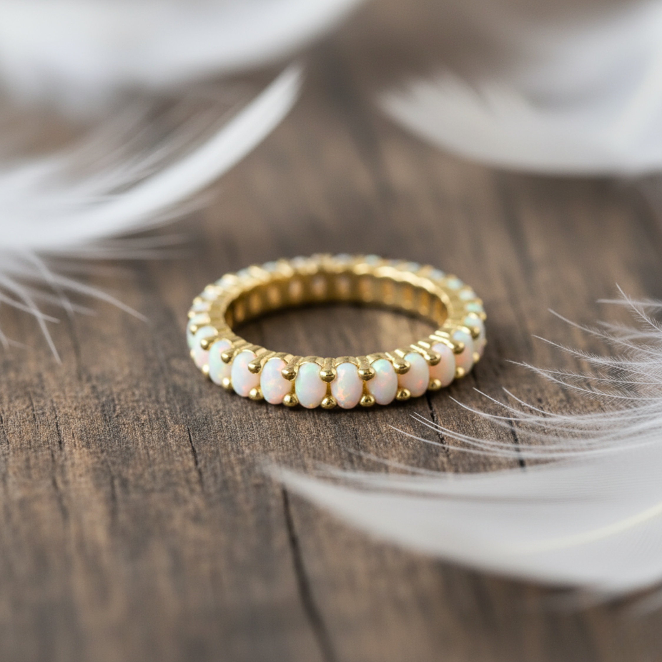 Opal Eternity Ring, Dainty Opal Gold Ring, Silver Opal Minimalist Ring, White Opal Stacking Ring, Gift For Her, Anniversary Gift For Women