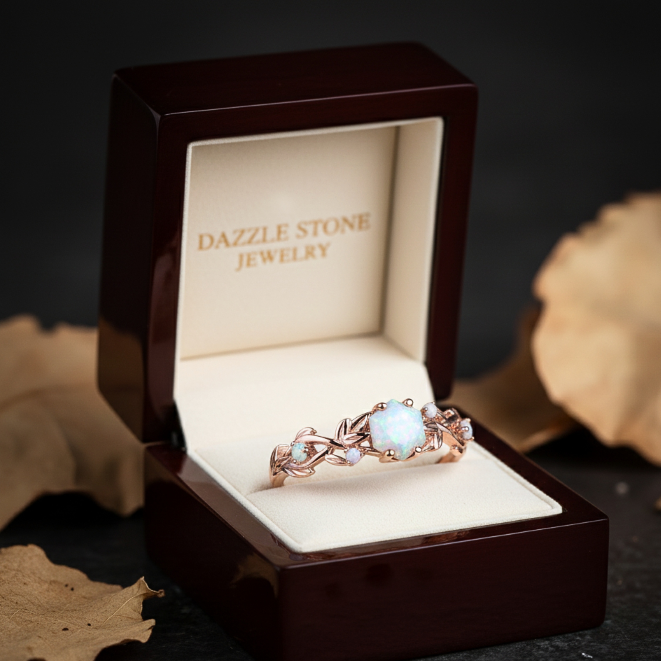 Vintage Hexagon Cut Twig Opal Engagement Ring, White Opal Gold Leaf Ring, October Birthstone Ring, Promise Ring, Anniversary Gift For Women