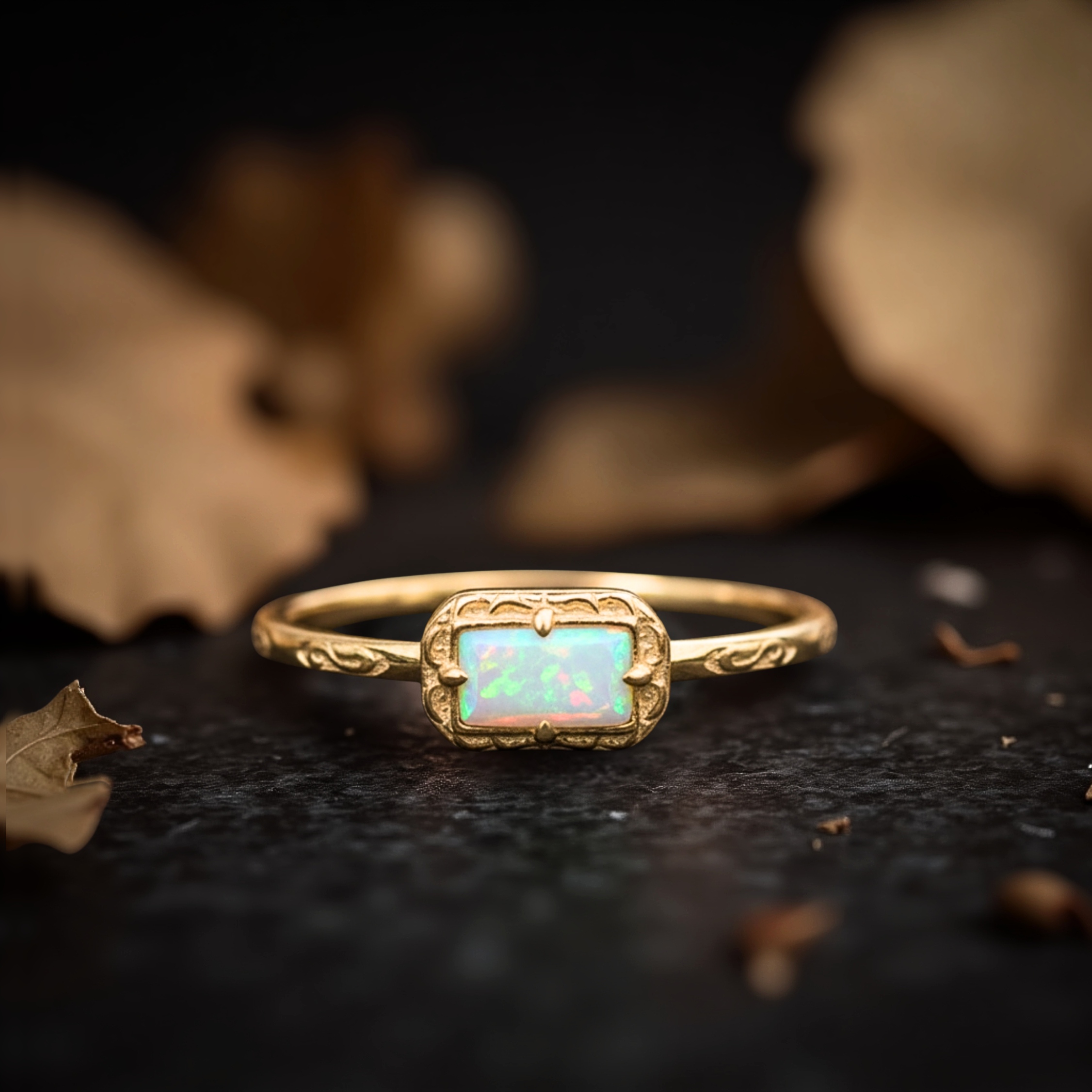 Baguette Cut Opal Engagement Ring Gold Opal Wedding Ring Gift for Her Minimalist Promise Ring Birthstone Ring Anniversary Gift For Women