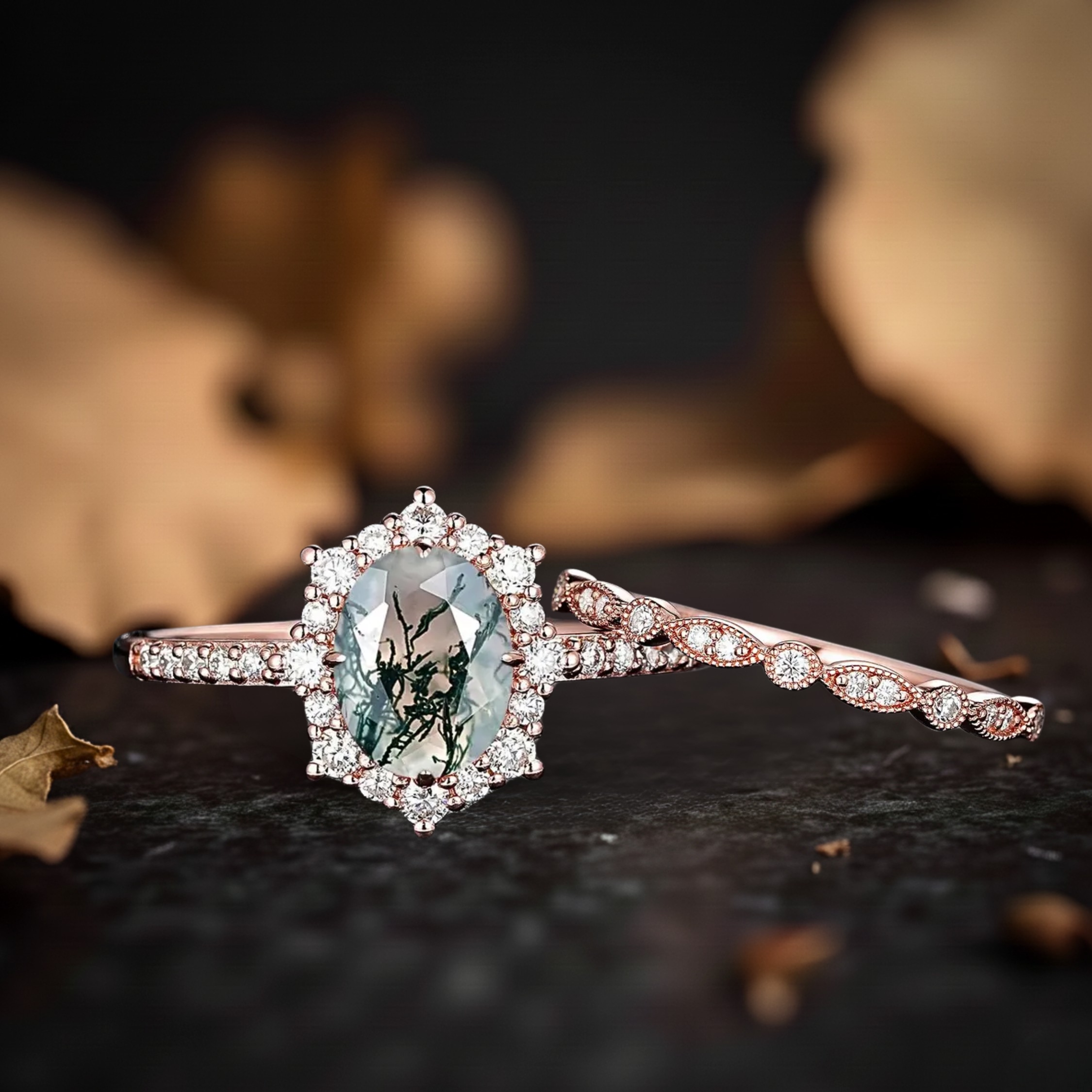 Vintage Moss Agate Halo Engagement Ring Set, Unique Rose Gold Oval Cut Wedding Set, Moss Agate Bridal Set Promise Ring Anniversary Ring Gift