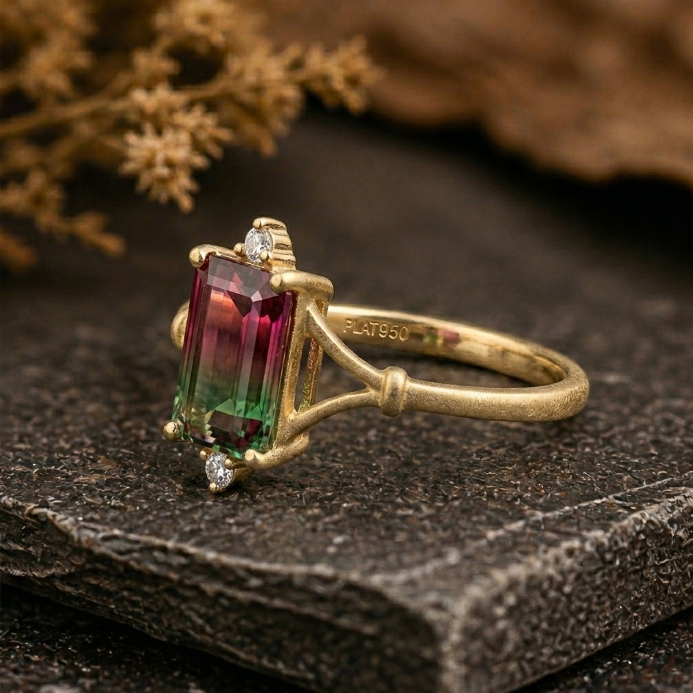 Emerald Cut Watermelon Tourmaline Ring, Bi-Color Pink/Green Engagement Ring, Art Deco Minimalist Moissanite Wedding Ring, Anniversary Gift