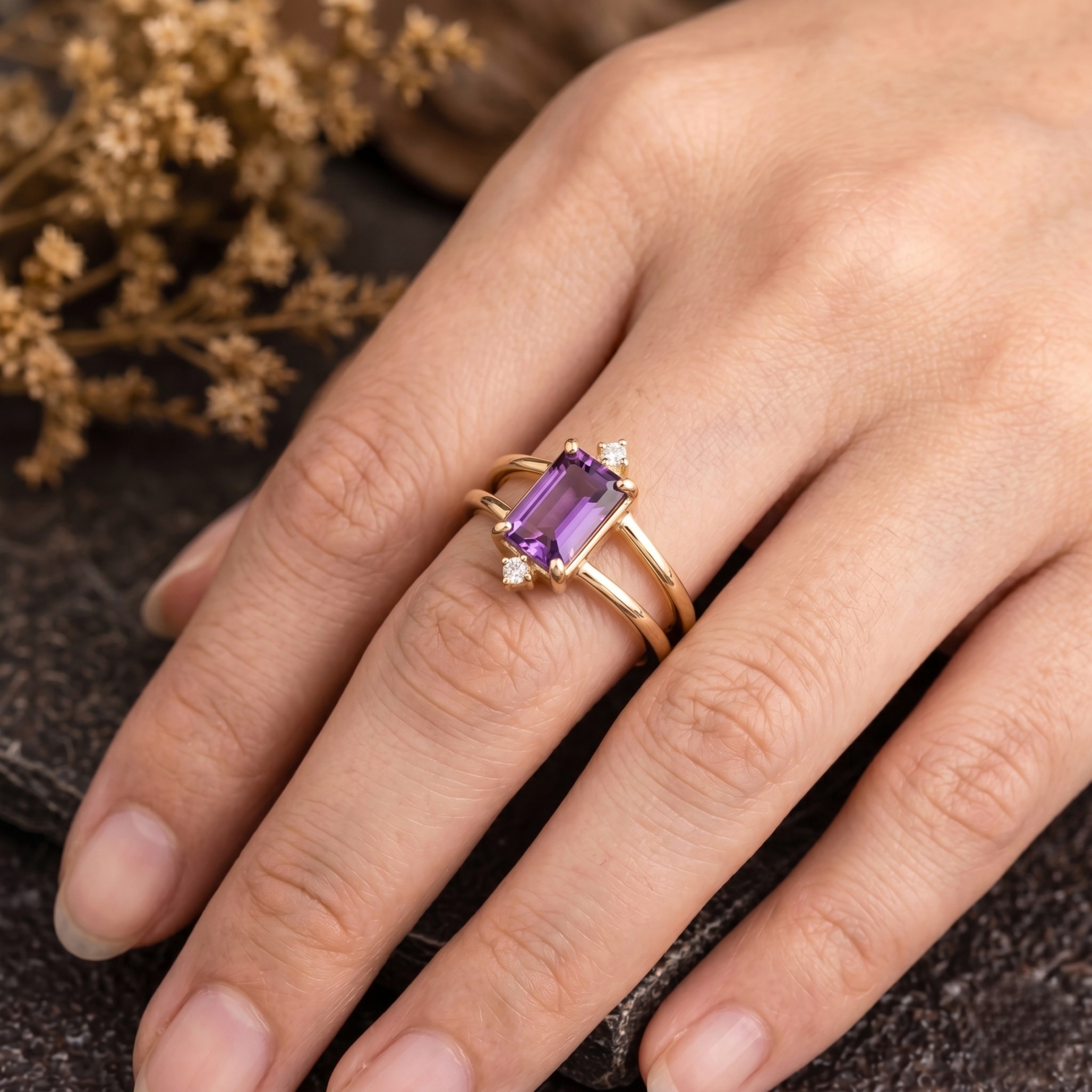 Amethyst Emerald Cut Solid Yellow Gold Engagement Women’s Ring | Moissanite Ring Fantasy Wedding Bridal Jewelry | Double Band Promise Gift