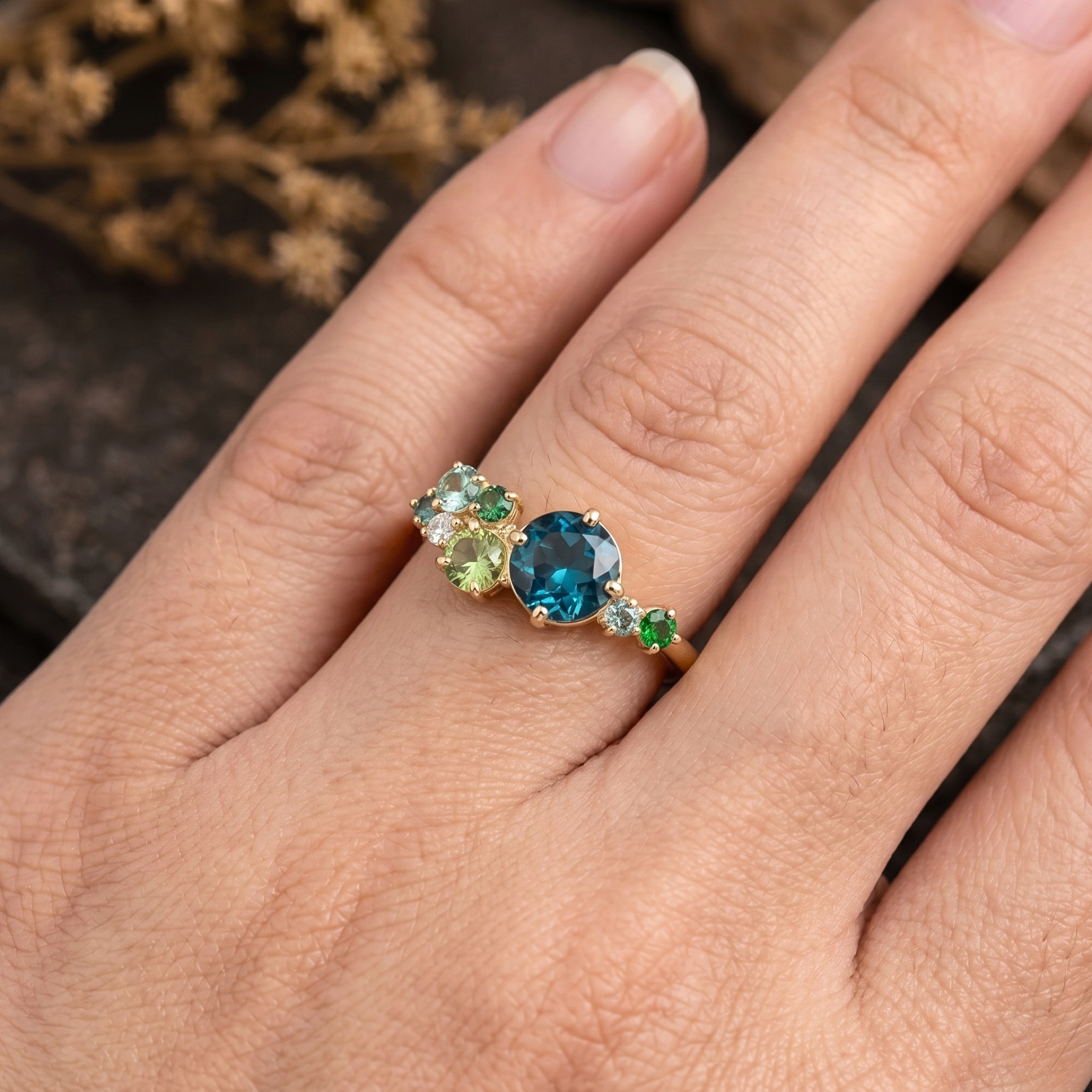 Blue Topaz Sapphire & Diamond Cluster Ring her, Multi-Cluster Sapphire Engagement Ring, Mixed Stone Cluster Ring, Teal Sapphire Bridal Ring