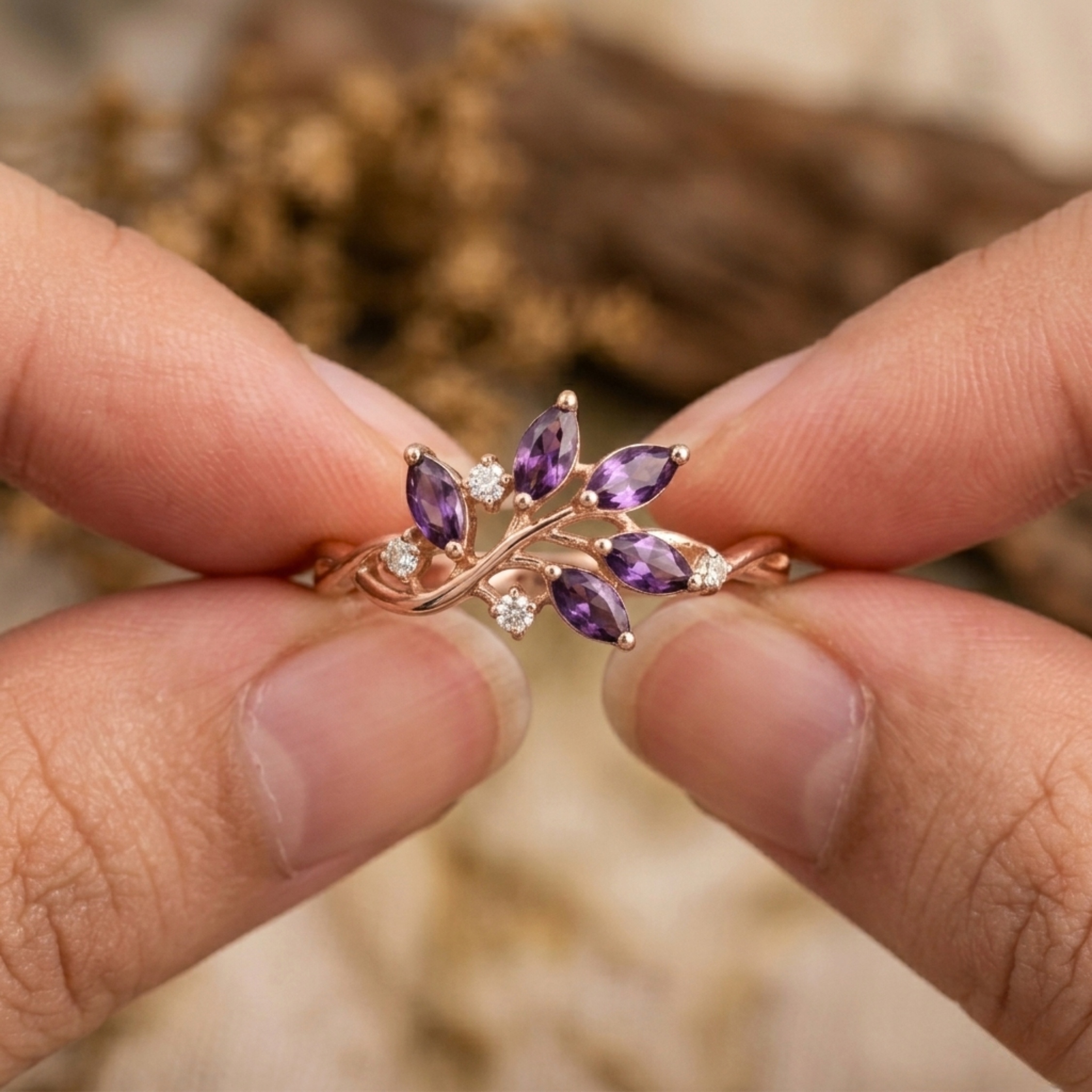 Vintage Purple Amethyst Engagement Ring, Amethyst 14K Wedding Ring, Bohemian Nature Inspired Engagement Ring, Diamond Ring, Anniversary Gift