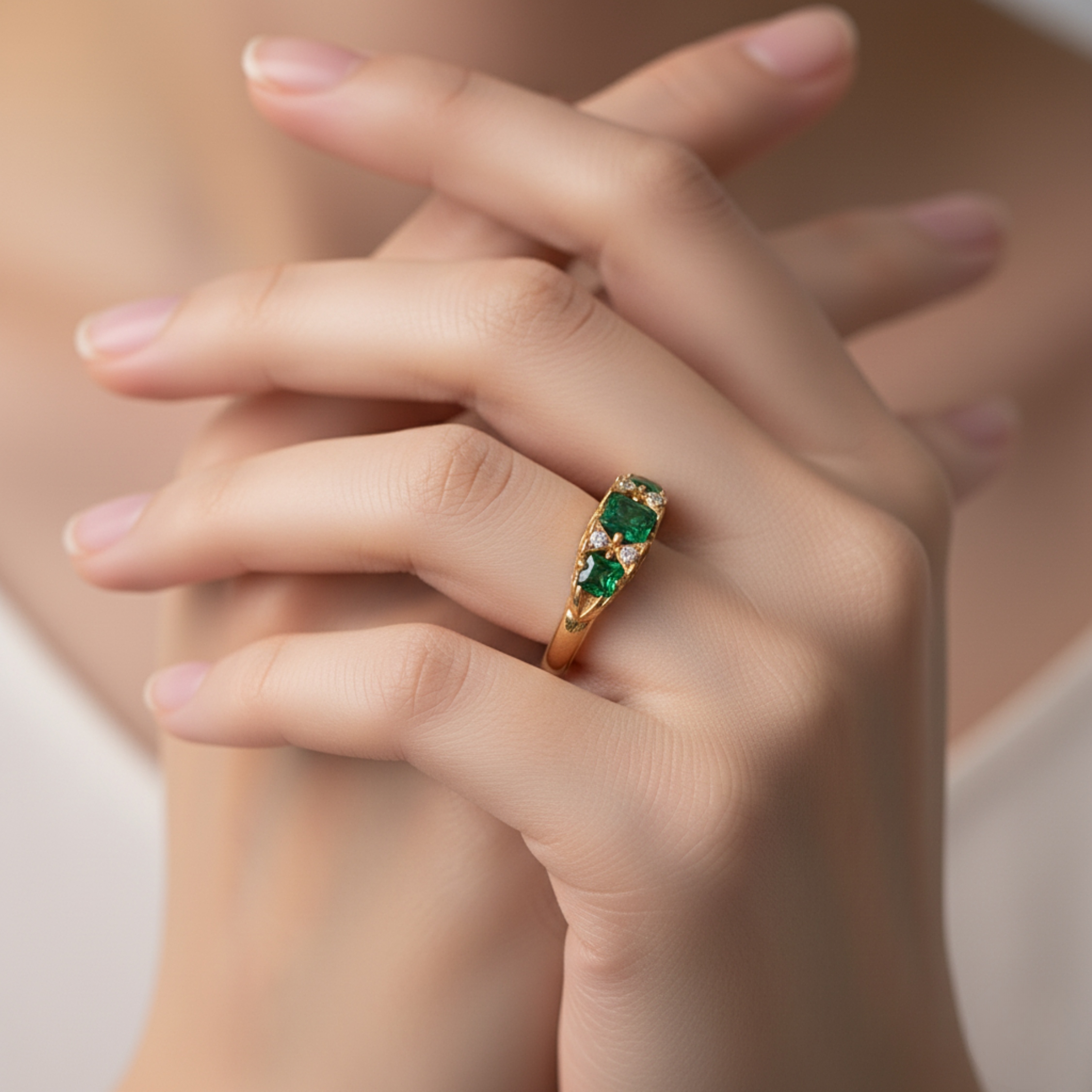 Genuine Emerald Gold Wedding Ring, 14K Gold Vermeil Lab Emerald Engagement Statement Ring, Birthday gift, Vintage Anniversary Gift for her