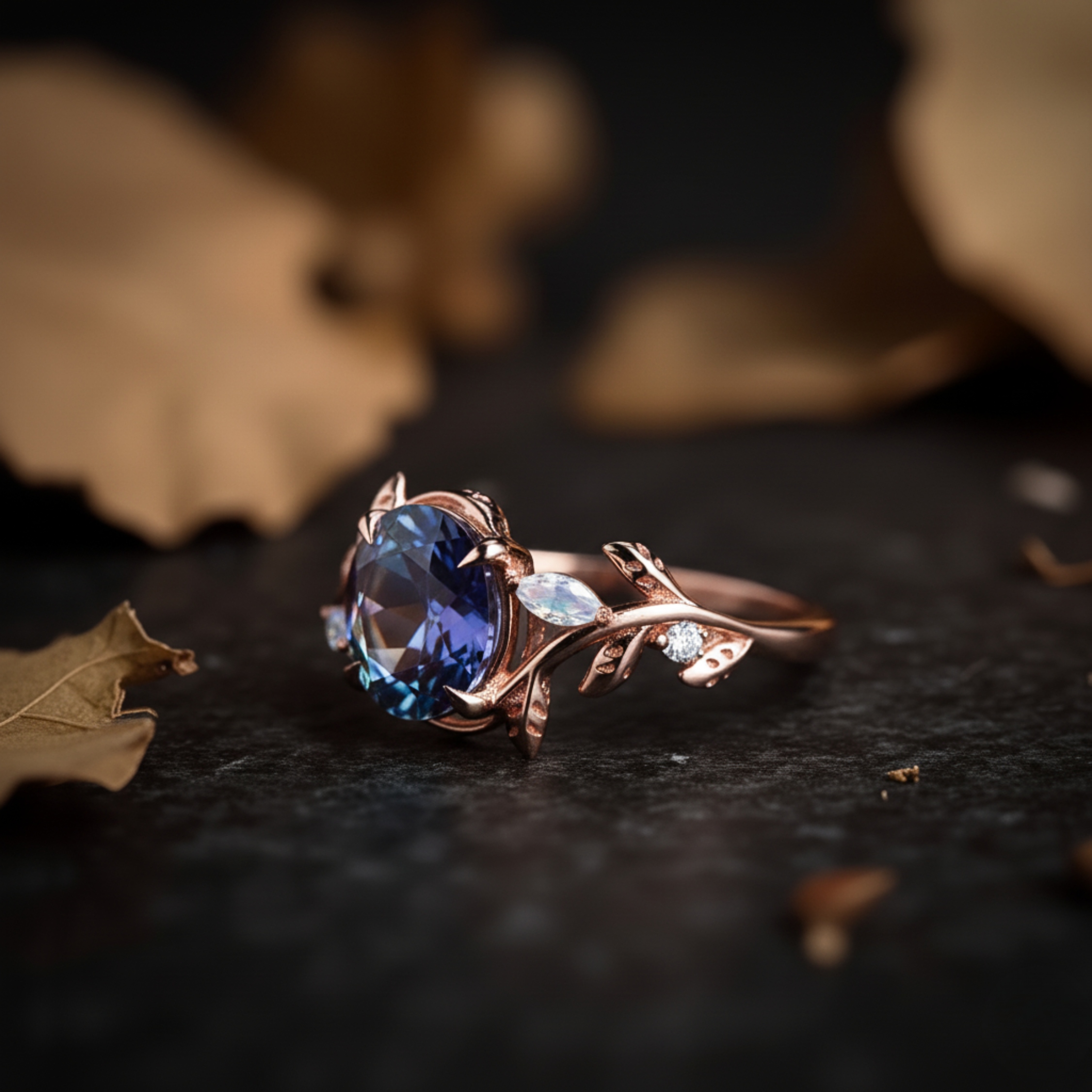 Vintage Round Alexandrite Engagement Ring, Moonstone Nature Inspired Wedding Ring, 14K Gold Delicate  Promise Ring, Anniversary Gift For Her