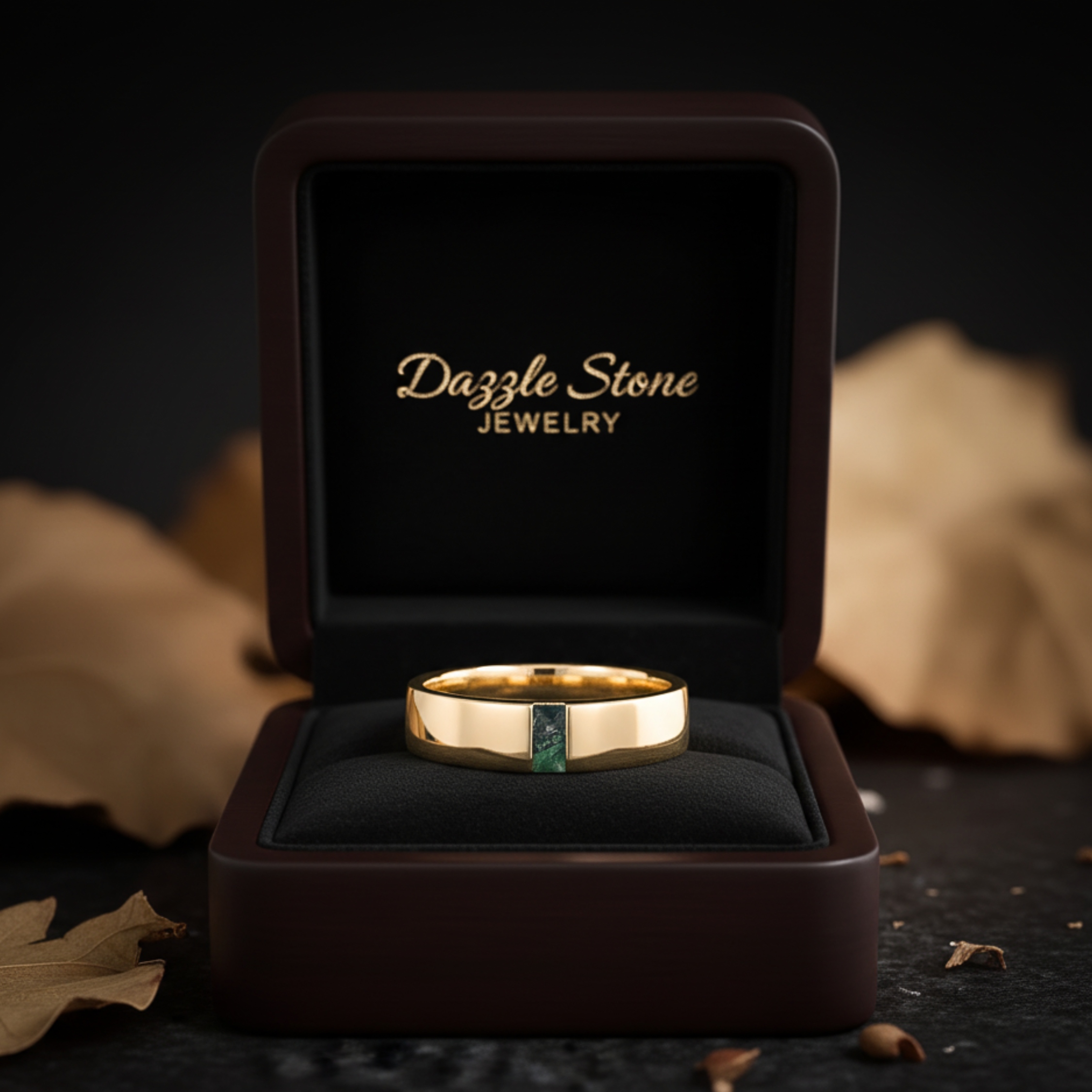 Unique Baguette Cut Moss Agate Wedding Band Eternity Art Deco Matching Gold Rings Men's ring Stackable Promise Personalized Gift For Her