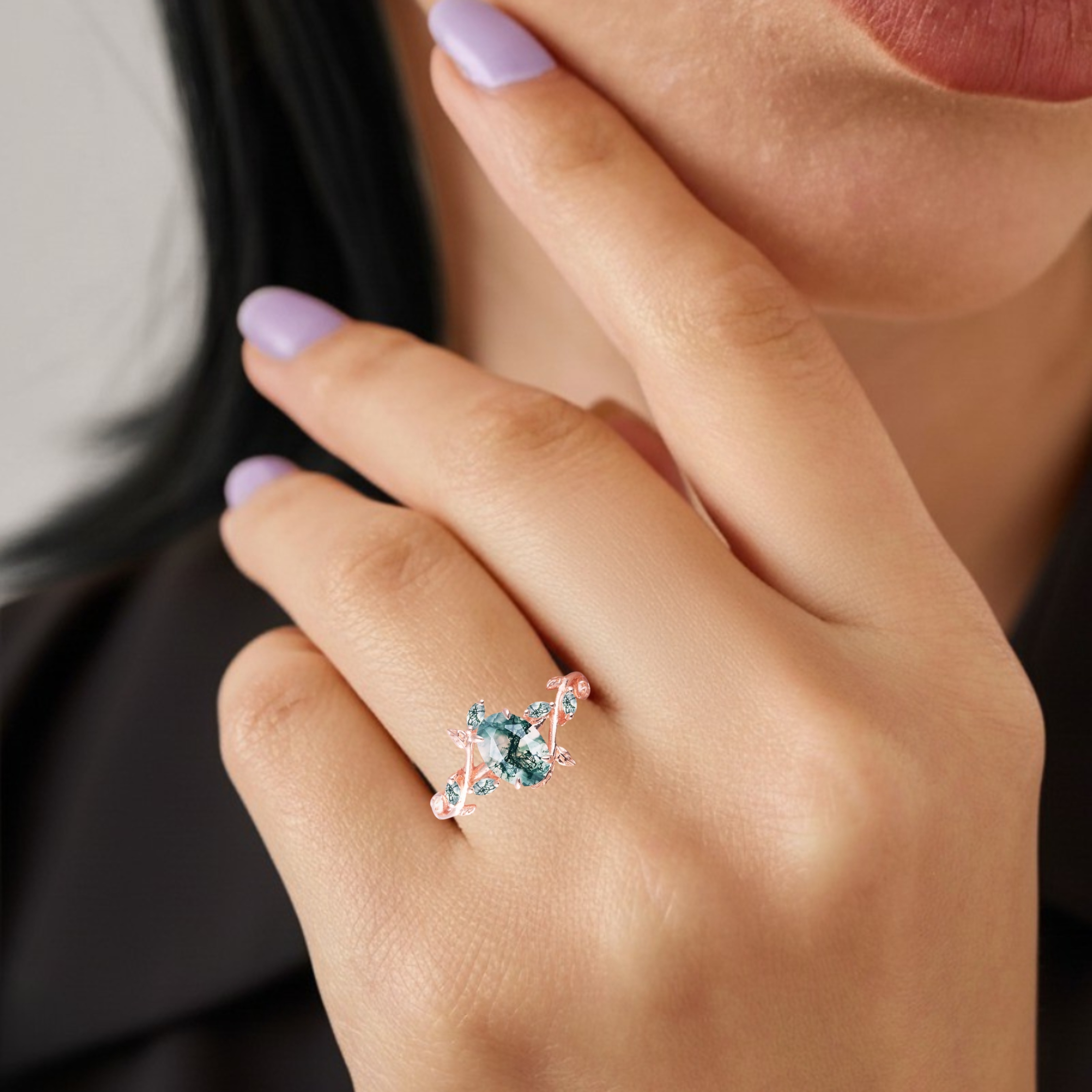 Natural Oval Moss Agate Engagement Ring, 14k Yellow Gold Nature Inspired Leaf Ring, Bridal Jewelry, Anniversary Gift For Women