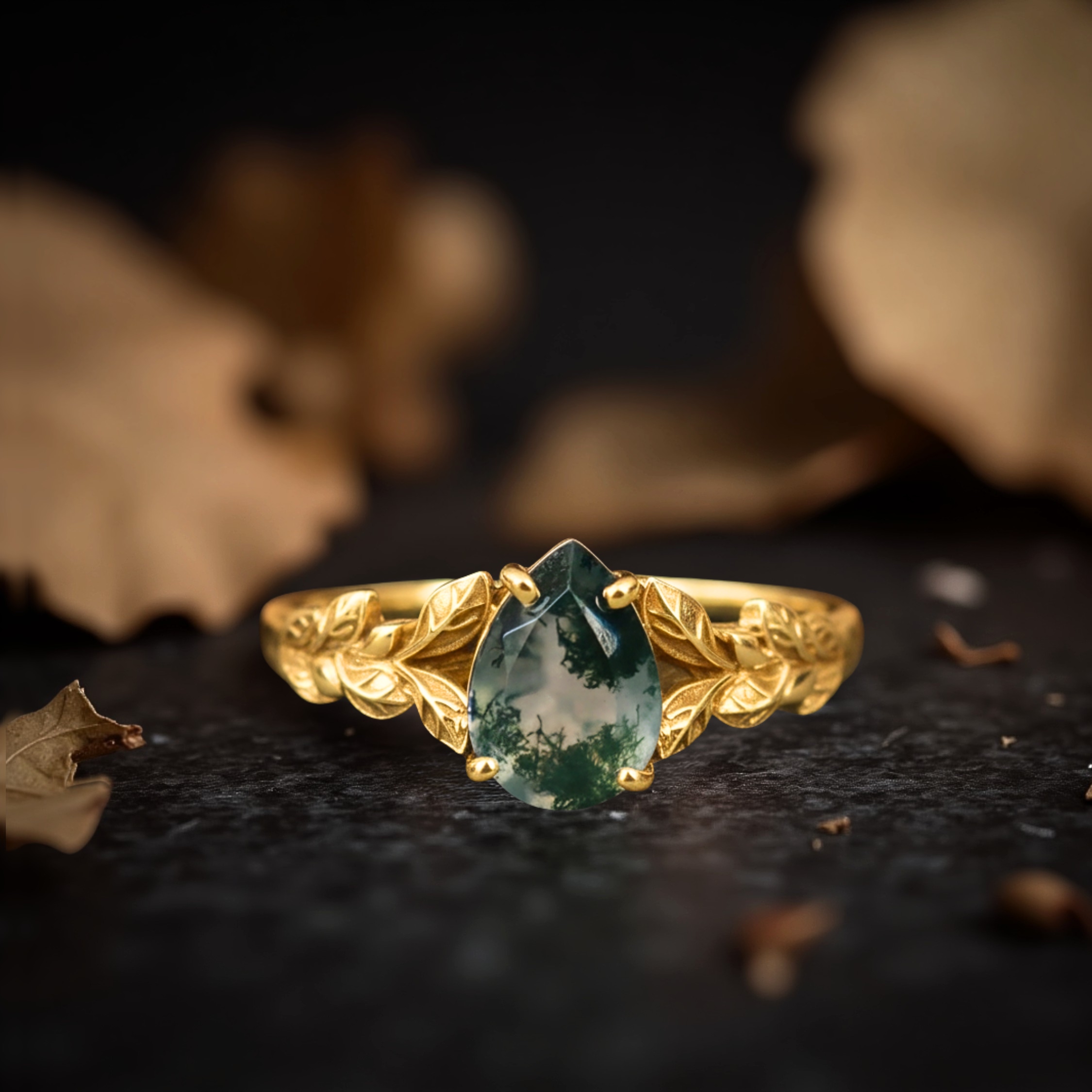 Vintage Drop Moss Agate Engagement Ring, Art deco Leaf Promise Ring, 14k Gold Branches Nature Inspired Ring, Anniversary Gift