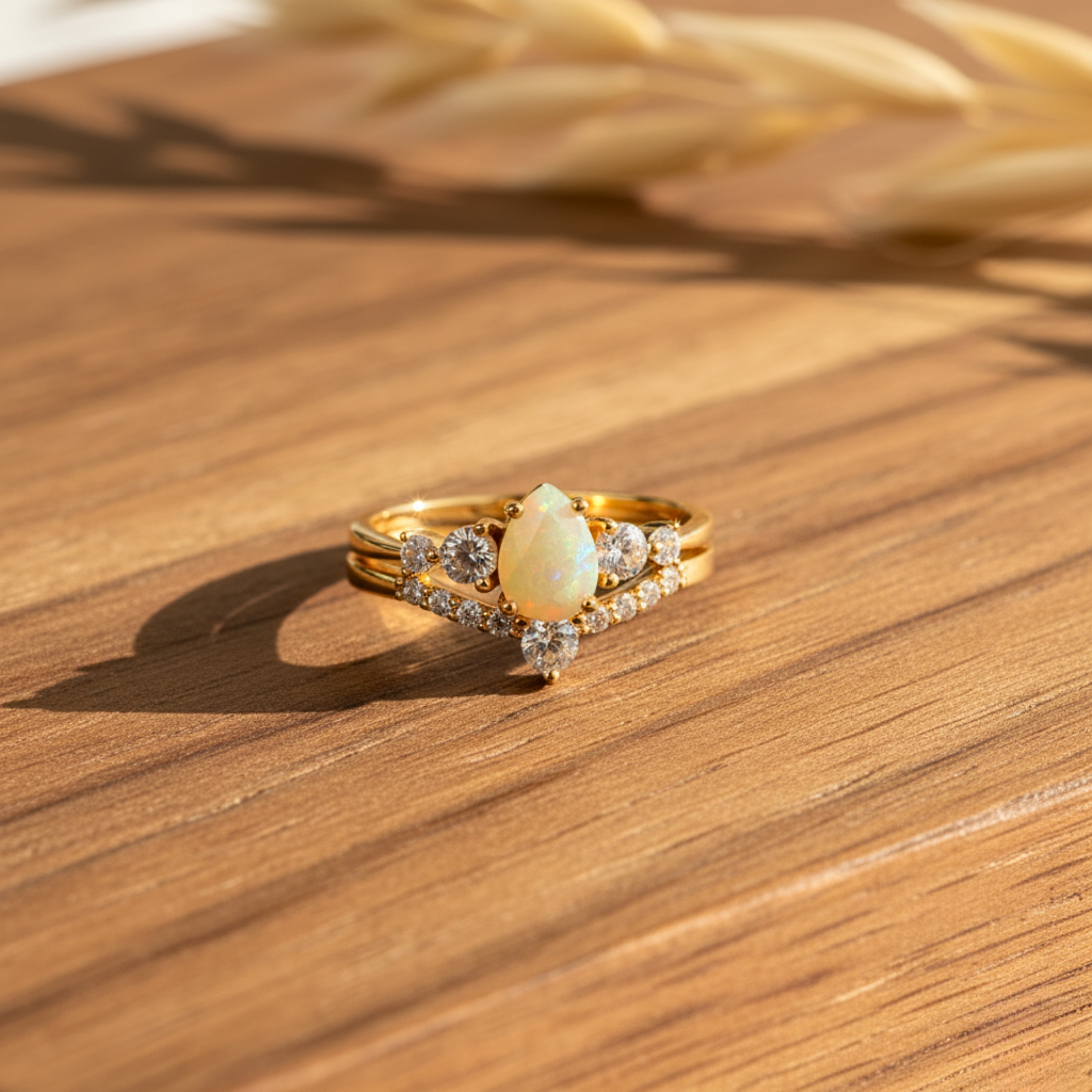 Natural Pear Cut Opal Engagement Ring Set 14K Gold Vermeil Wedding Bridal Ring October Birthstone Ring Alternative Engagement Gift For Women