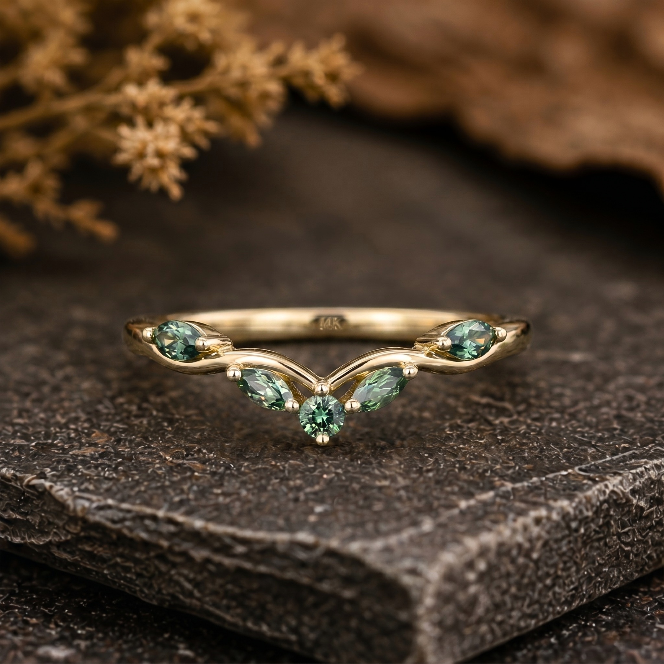 Marquise Cut Green Sapphire Curved Wedding Band/14k Yellow Gold Engagement Ring/Cluster Teal sapphire Matching ring/Anniversary Promise ring