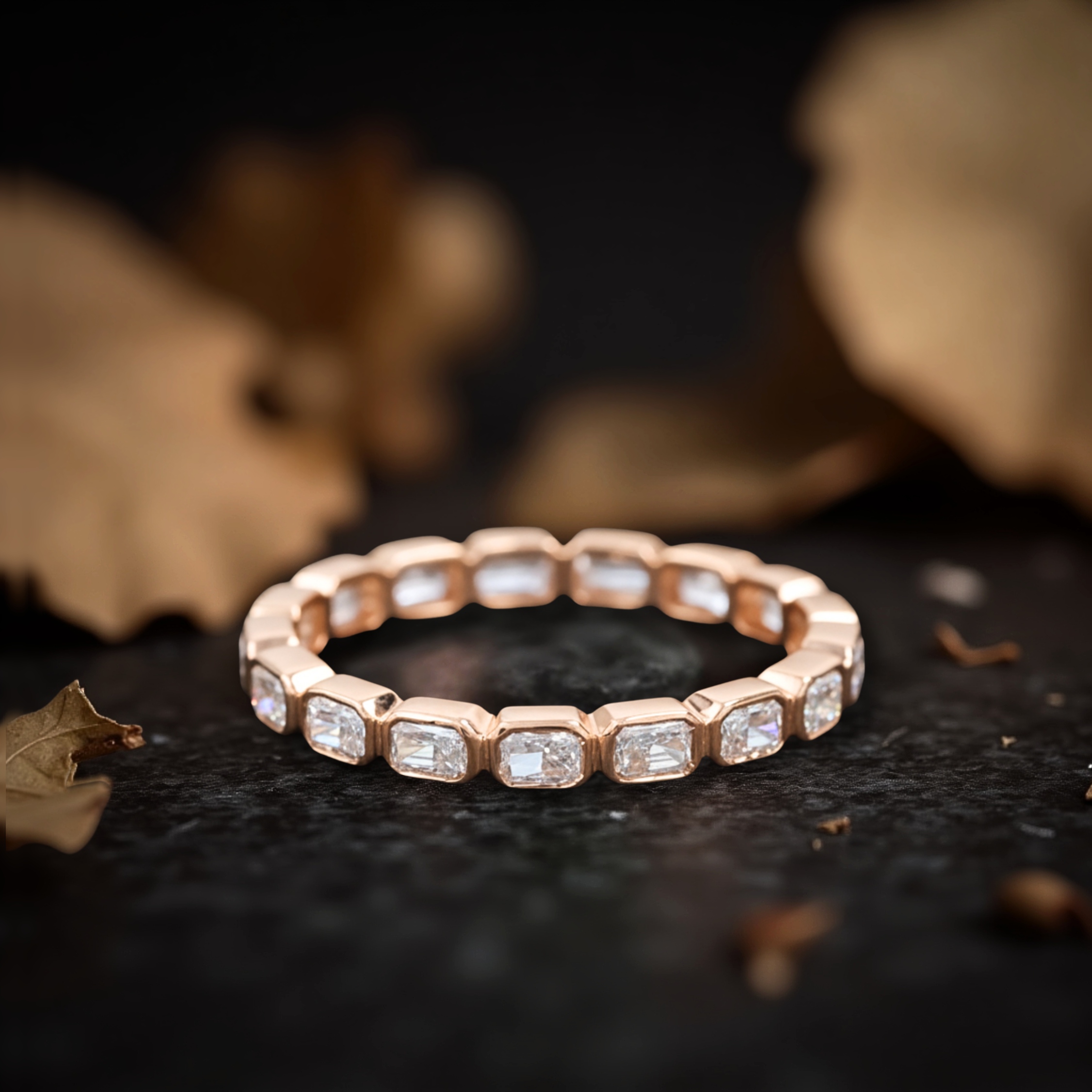 14k Solid Gold Moissanite Band Ring, East West Emerald Cut Moissanite Bezel Set Ring, Half Eternity Wedding Band, Stacking Minimalist Ring
