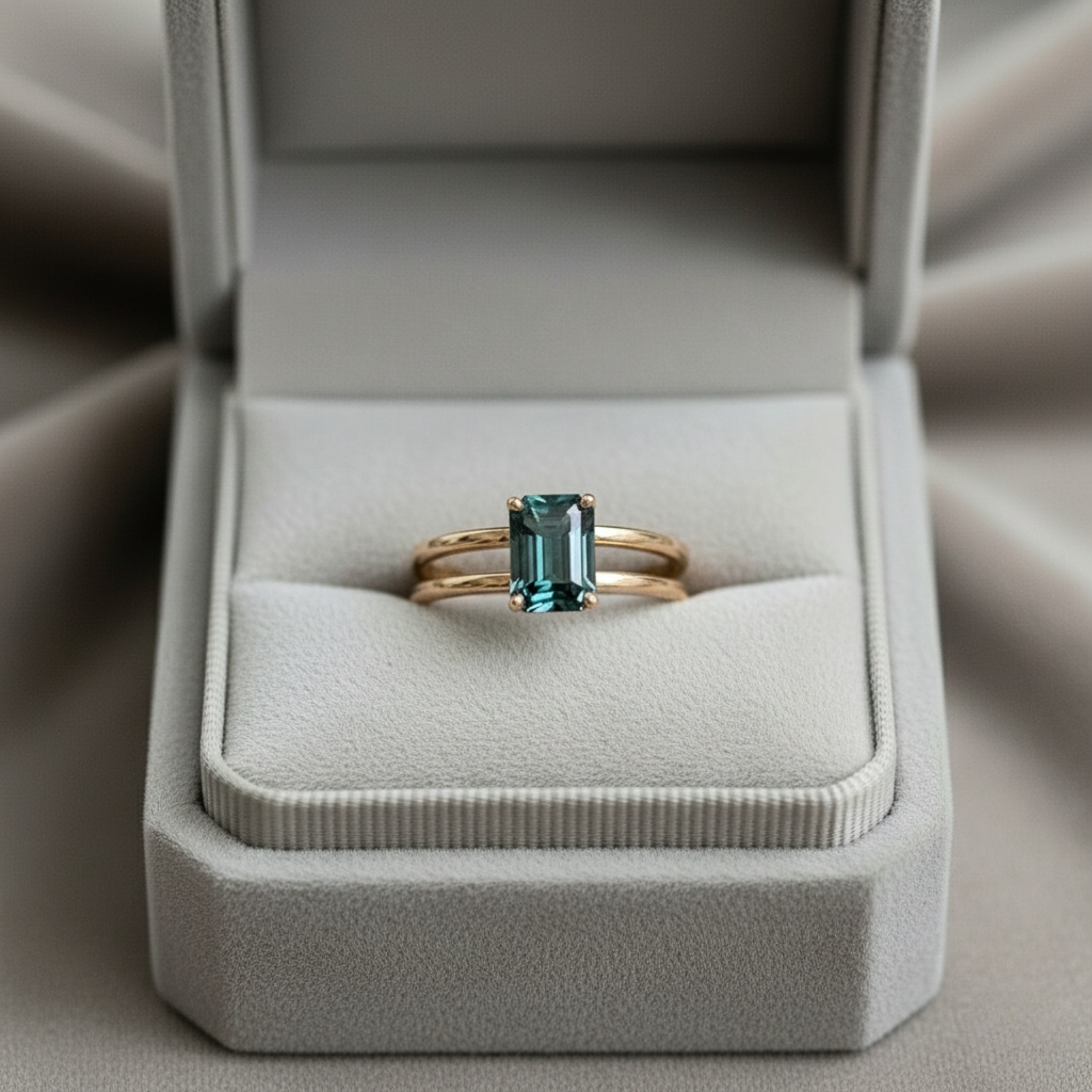 Unique Teal Sapphire Emerald Cut Engagement Ring, Vintage 14k Solid Gold Solitaire Double Band Bridal Wedding Ring, Art Deco Promise Ring