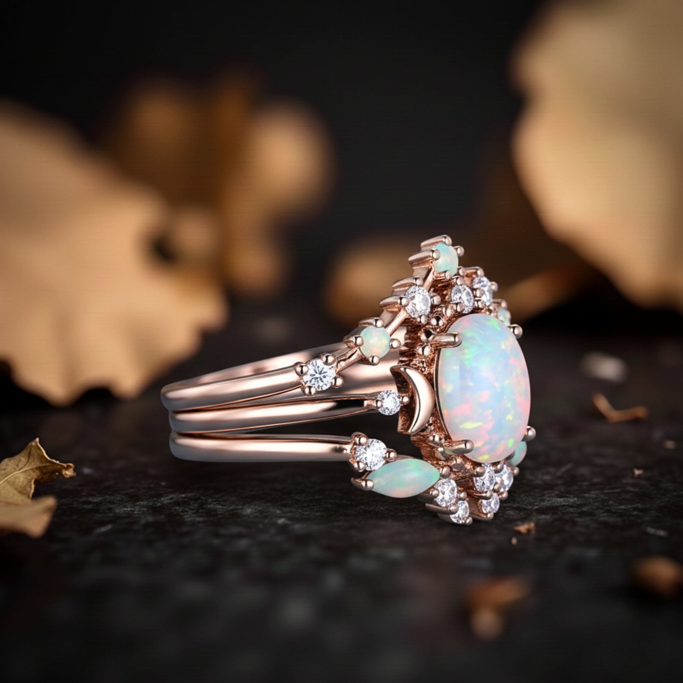 Opal Oval Cut Engagement Ring Set, Vintage Opal Wedding 3 Piece Ring, Woman Celestial Bridal Set Rose Gold Moon Ring Gift Personalized Gift