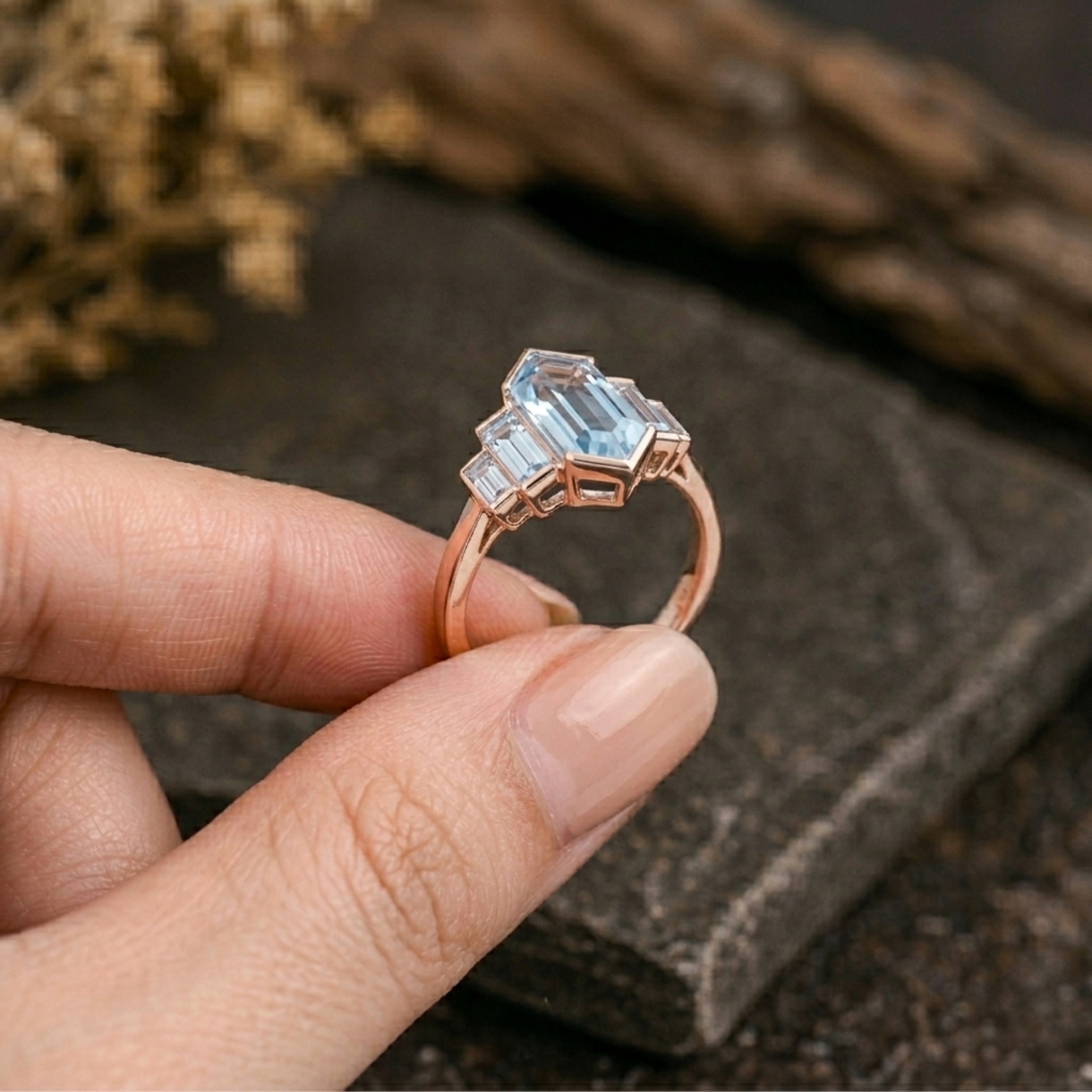 Long Hexagon & Baguette Cut Aquamarine Engagement Ring, Five Stone Wedding Ring, Half Bezel Setting Bridal Ring, 14K Solid Yellow Gold Ring