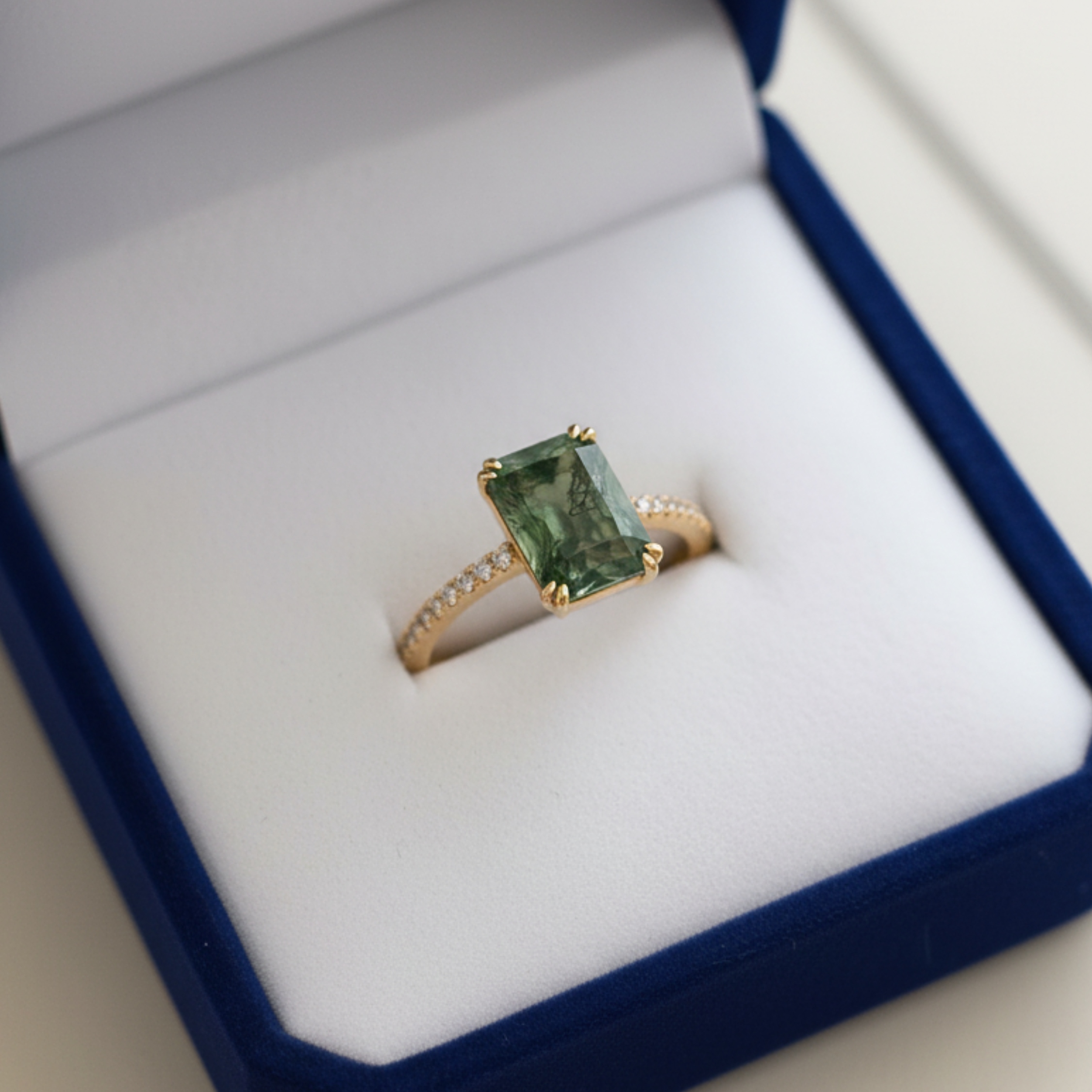 Unique Vintage Emerald Cut Moss Agate Ring Solid 14k Yellow Gold Promise Ring Art Deco Bezel Setting Engagement Ring Bridal Jewelry Gift