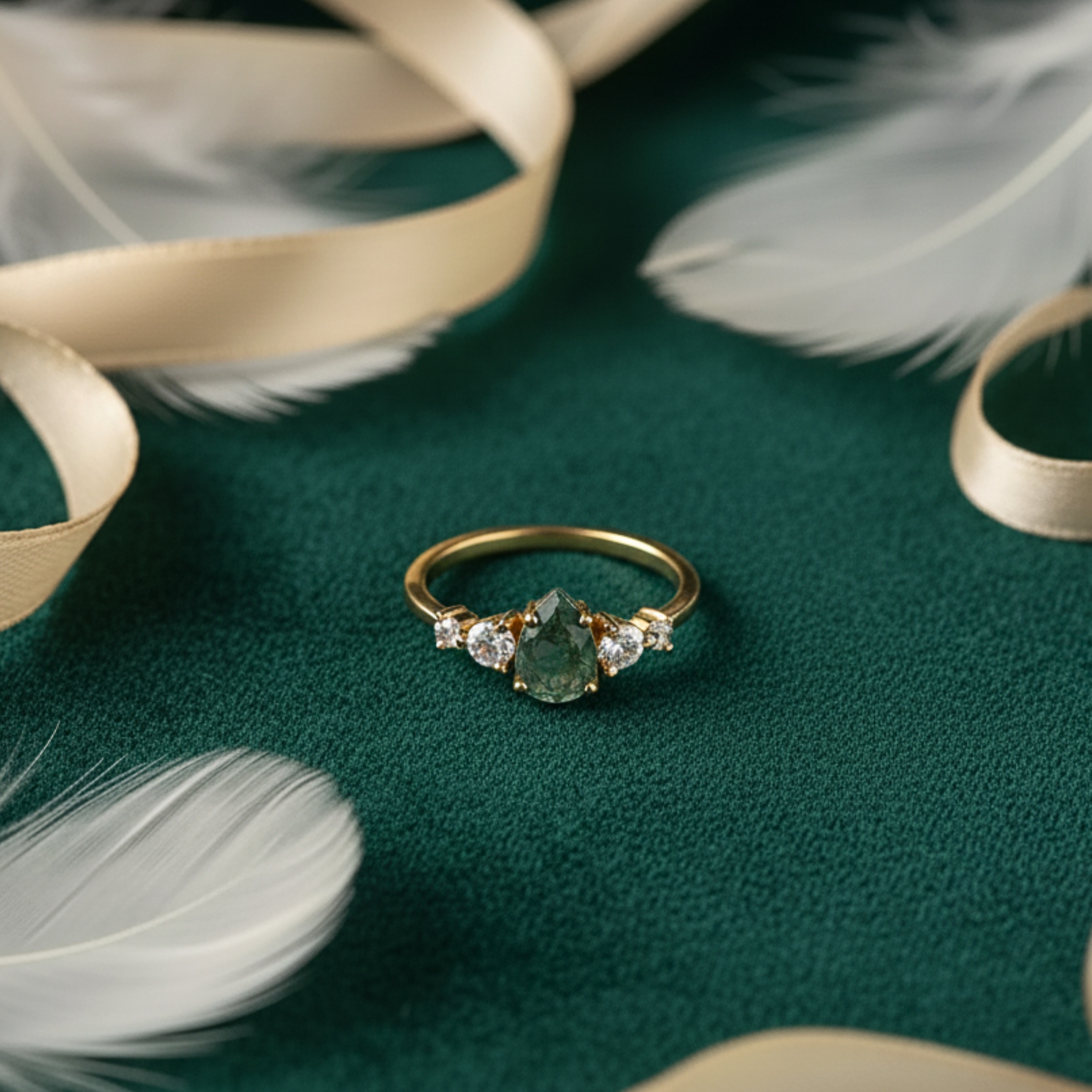 Moss Agate Engagement Ring Pear Cut Vintage Solid Gold Agate Ring Unique Cluster Green Stone Moissanite Wedding Ring Bridal Ring Anniversary