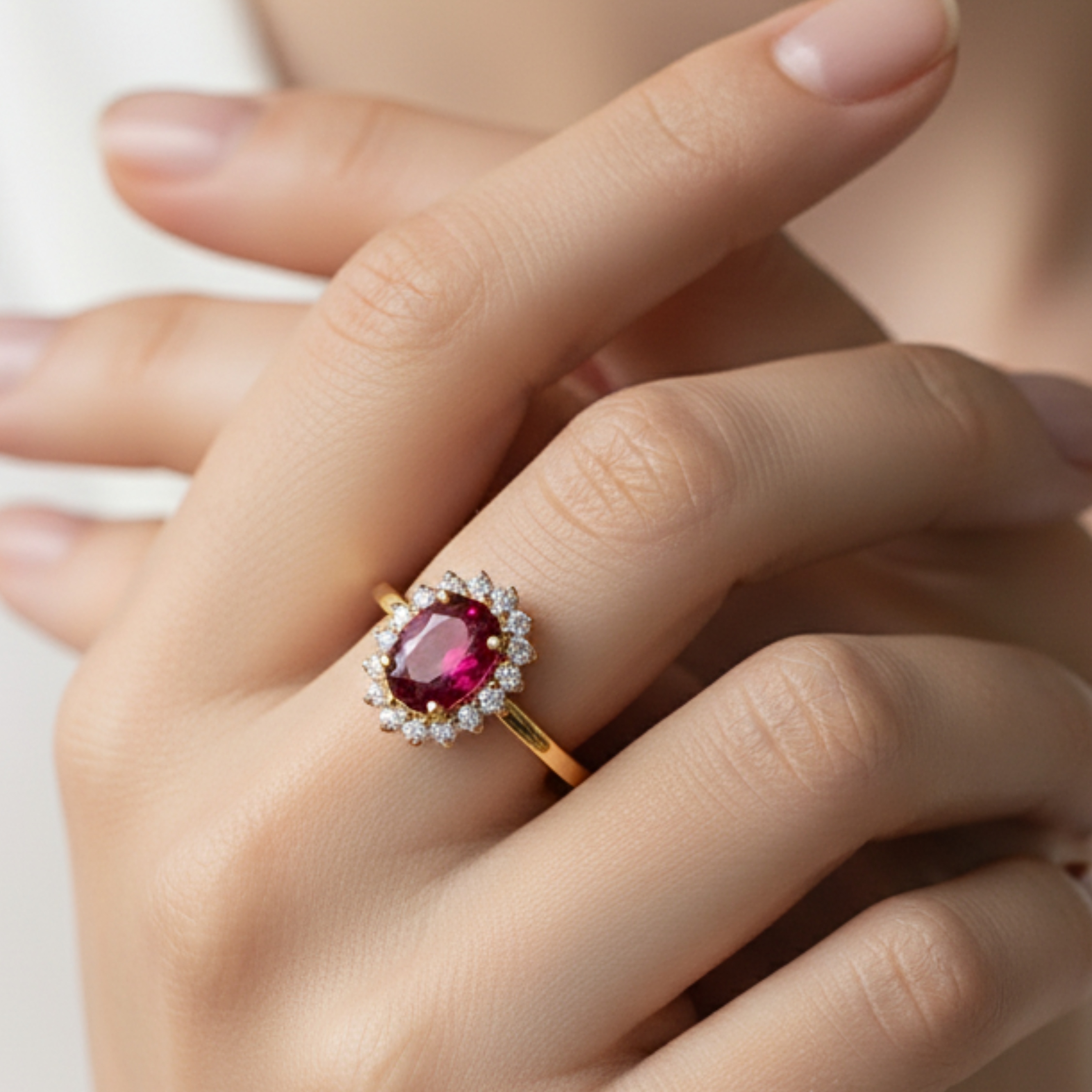 Vintage Halo Ruby Diamond Engagement Stacking Ring 14K Yellow Gold Oval Moissanite Wedding Ring Bridal Promise Handmade Jewelry Gift For Her