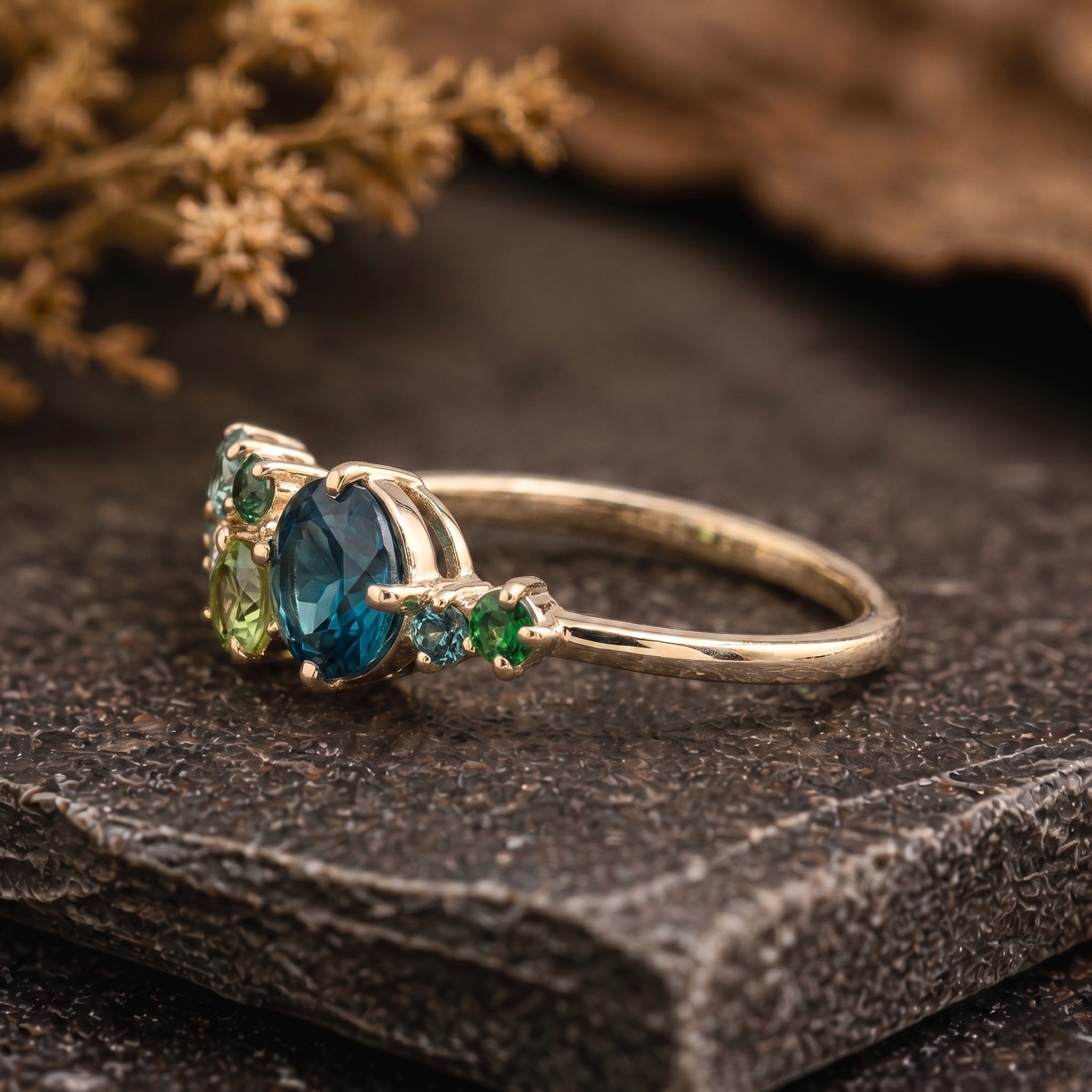 Blue Topaz Sapphire & Diamond Cluster Ring her, Multi-Cluster Sapphire Engagement Ring, Mixed Stone Cluster Ring, Teal Sapphire Bridal Ring