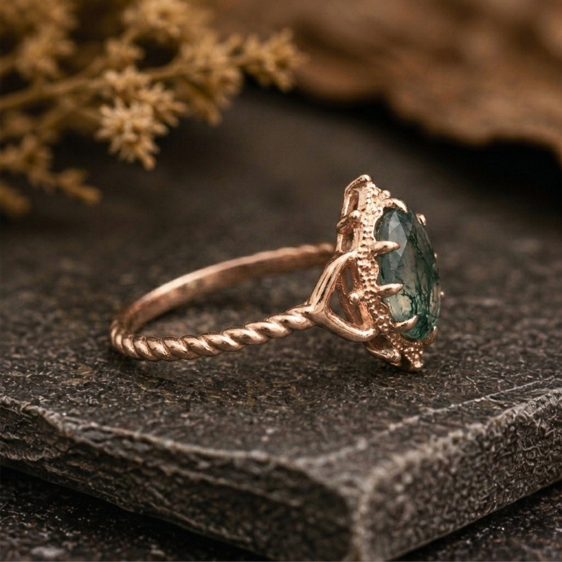 Art Deco Oval Moss Agate Engagement Ring, Vintage Style, Green Gemstone Bridal Anniversary Gift